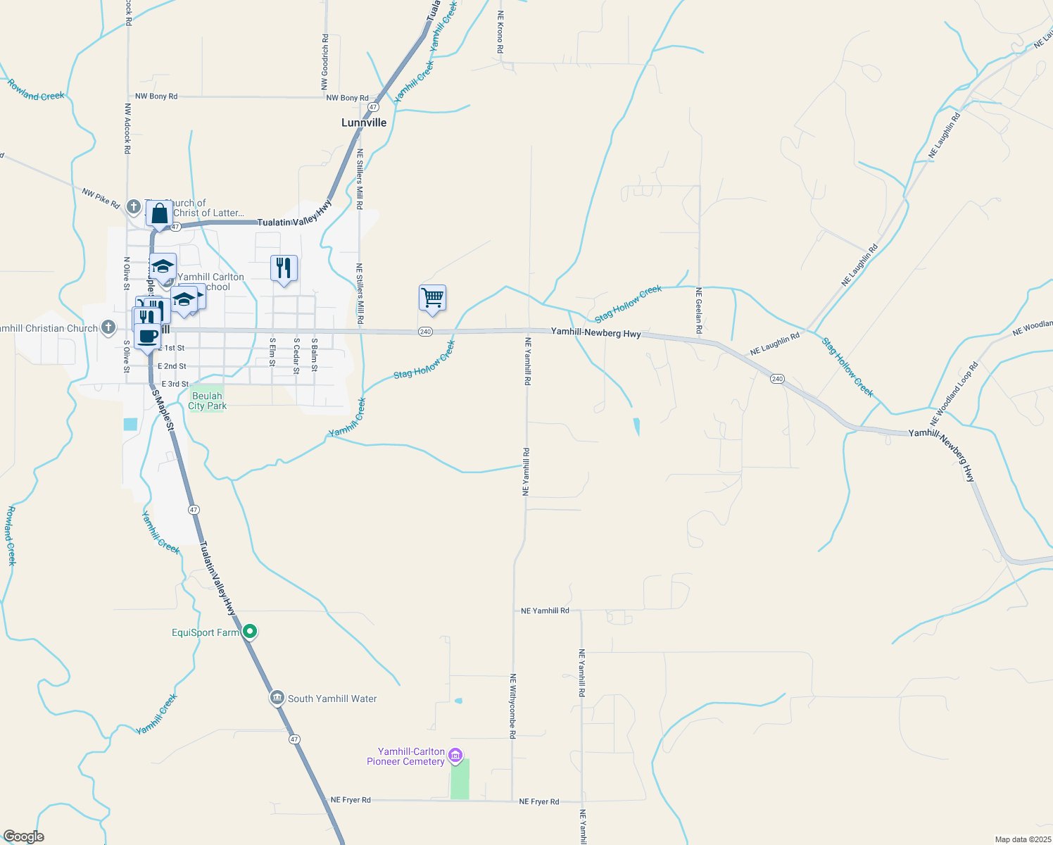 map of restaurants, bars, coffee shops, grocery stores, and more near 16411 Northeast Yamhill Road in Yamhill