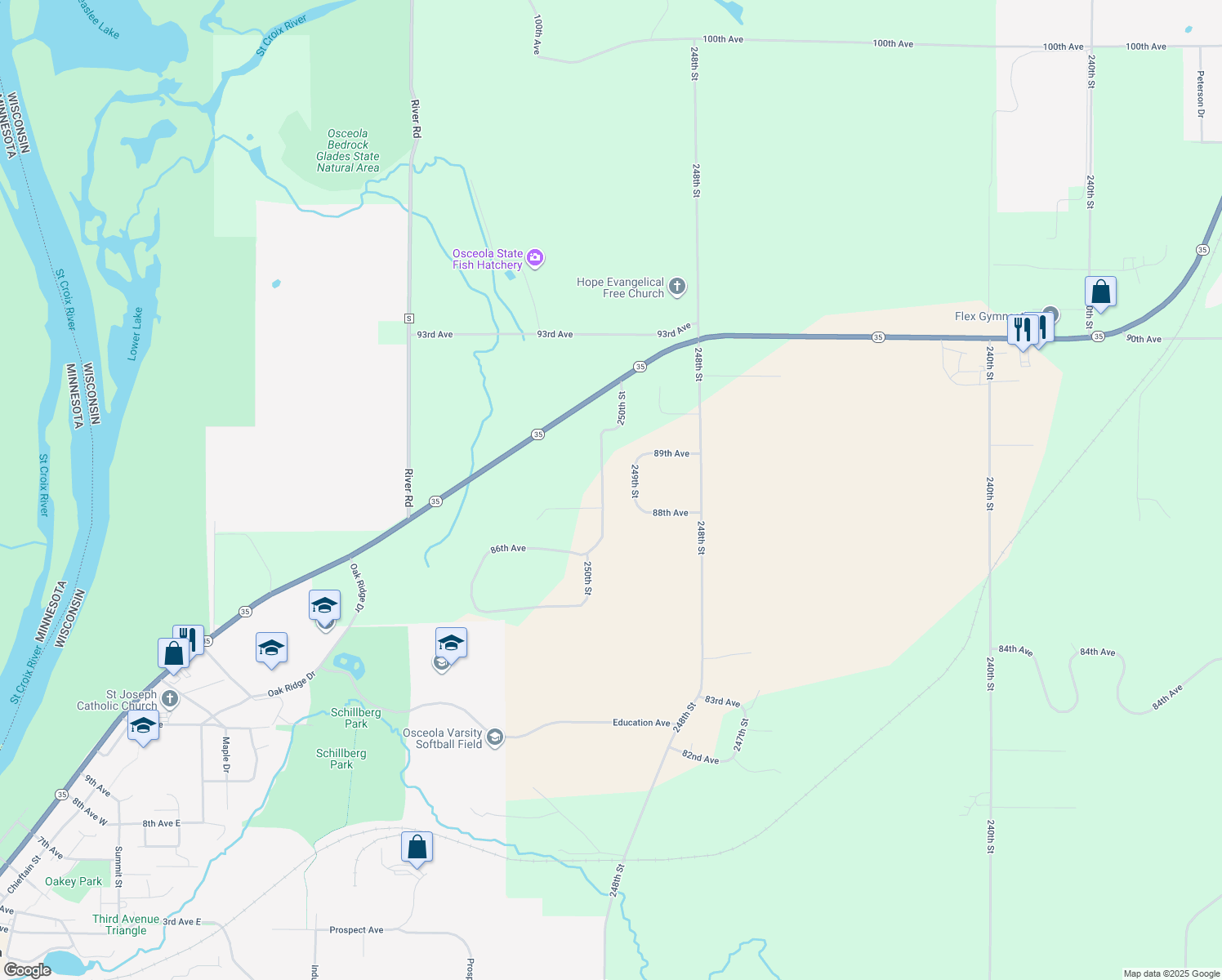 map of restaurants, bars, coffee shops, grocery stores, and more near 872 250th Street in Osceola