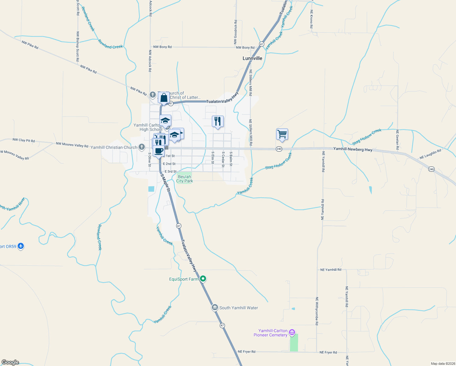 map of restaurants, bars, coffee shops, grocery stores, and more near 875 E 4th St in Yamhill