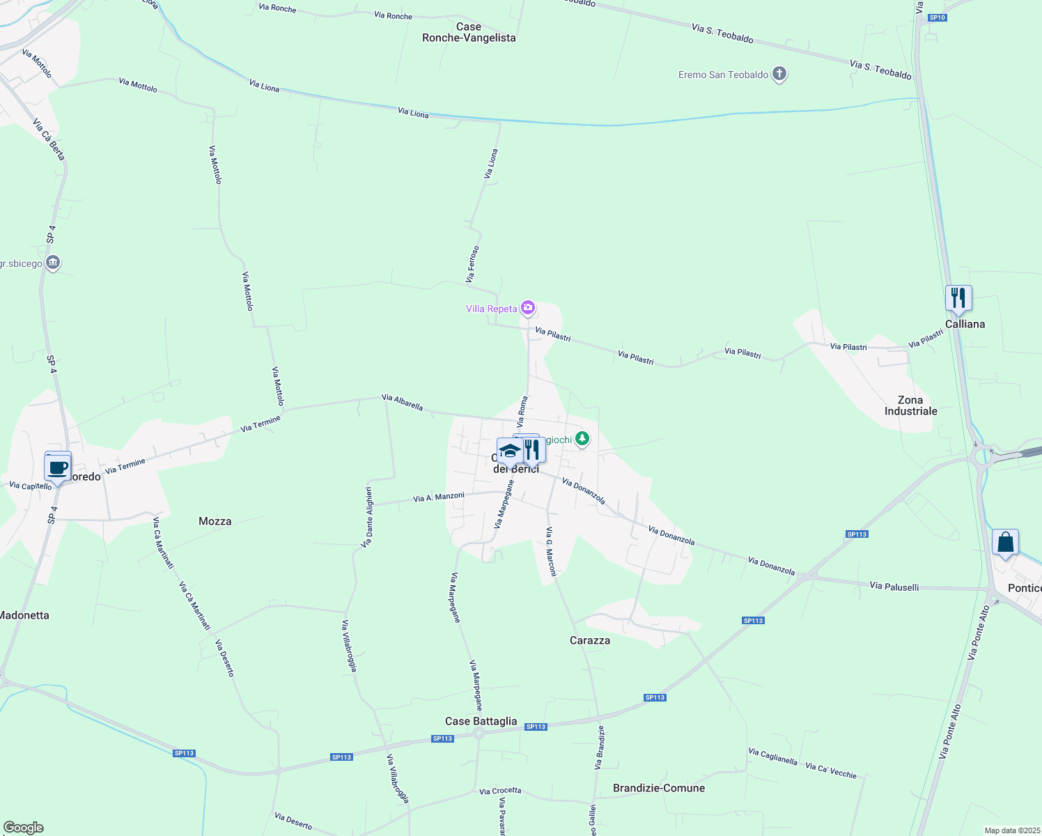map of restaurants, bars, coffee shops, grocery stores, and more near 38 Via Roma in Campiglia dei Berici