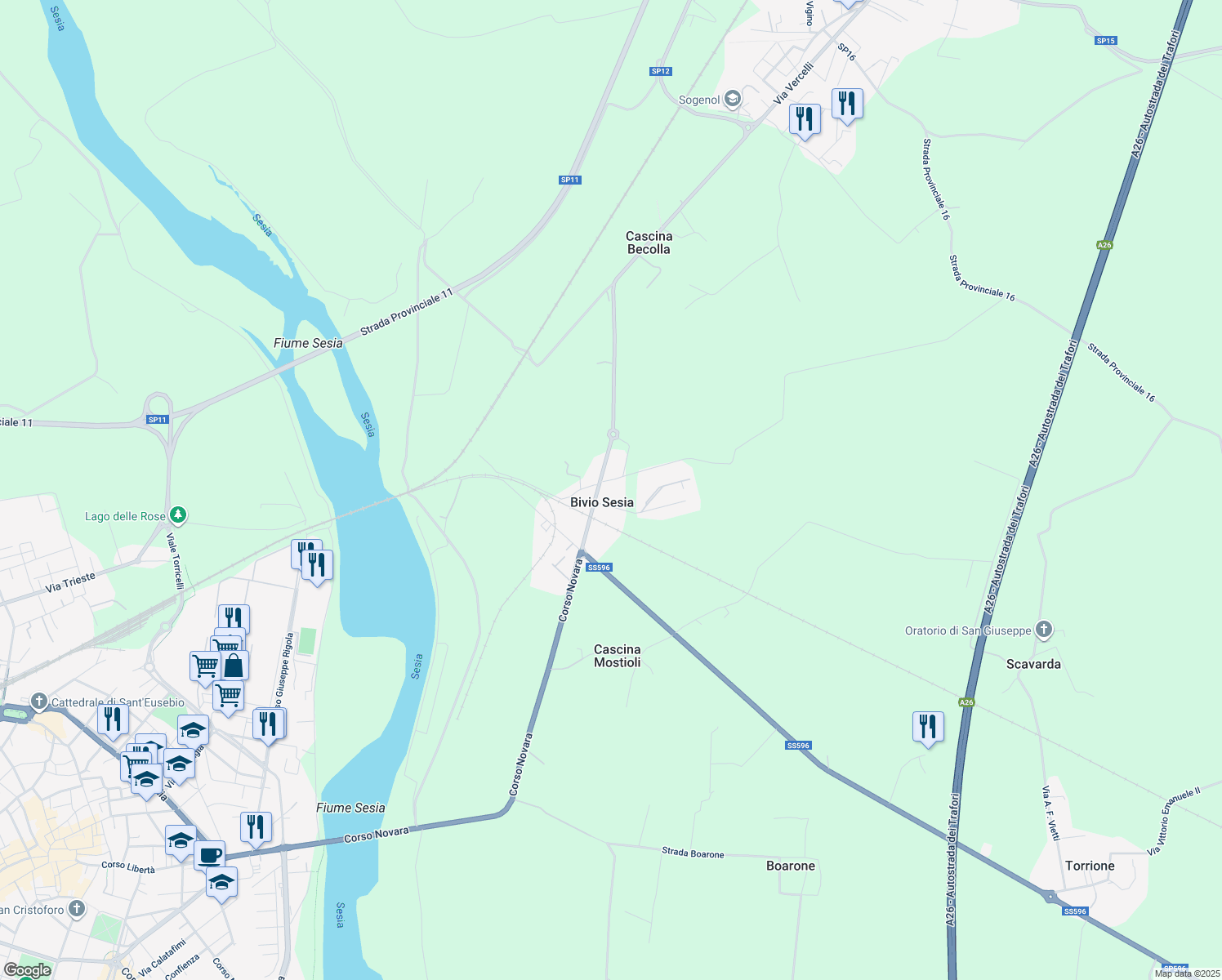 map of restaurants, bars, coffee shops, grocery stores, and more near 71 Corso Novara in Vercelli