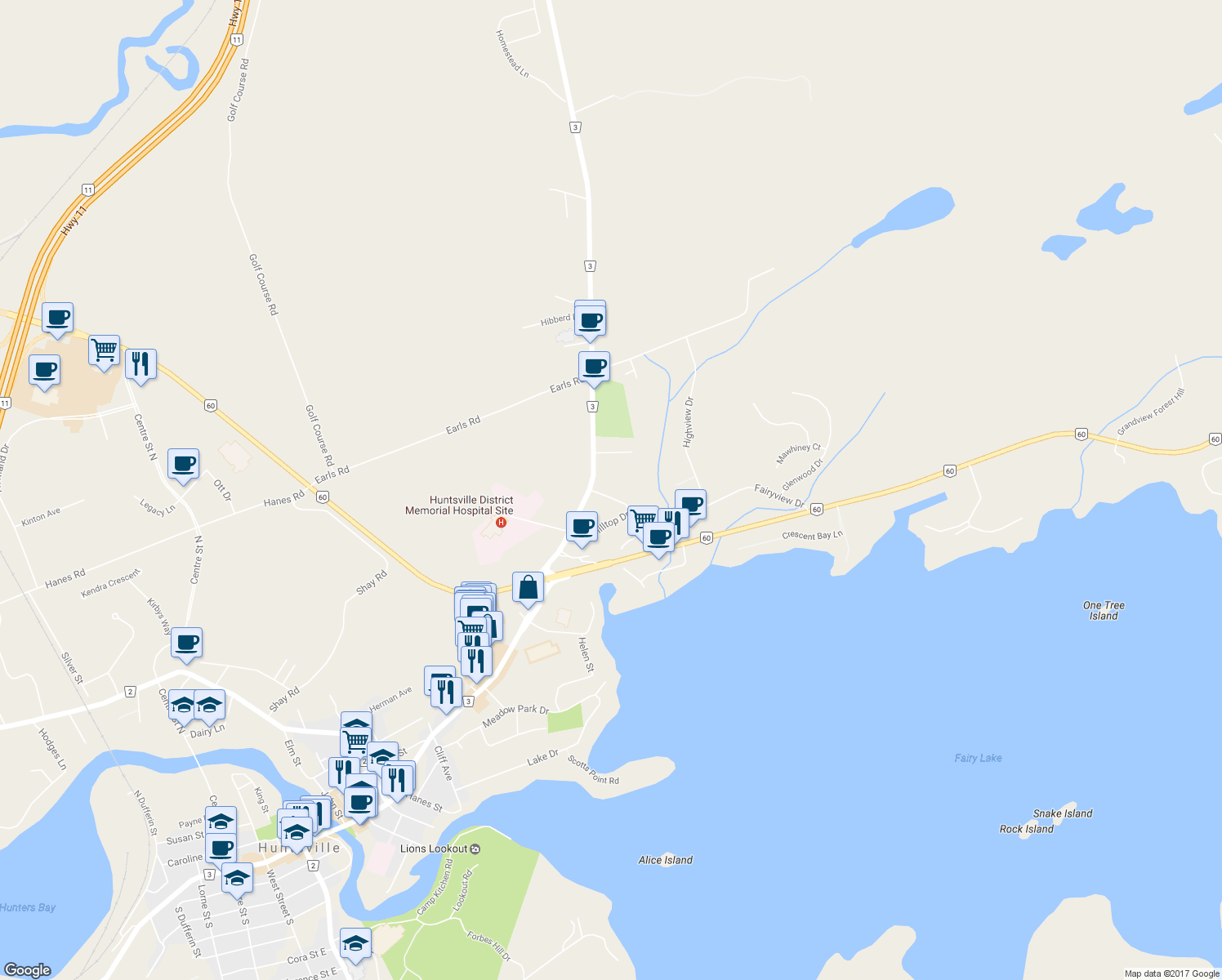 map of restaurants, bars, coffee shops, grocery stores, and more near 12 Hilltop Drive in Huntsville