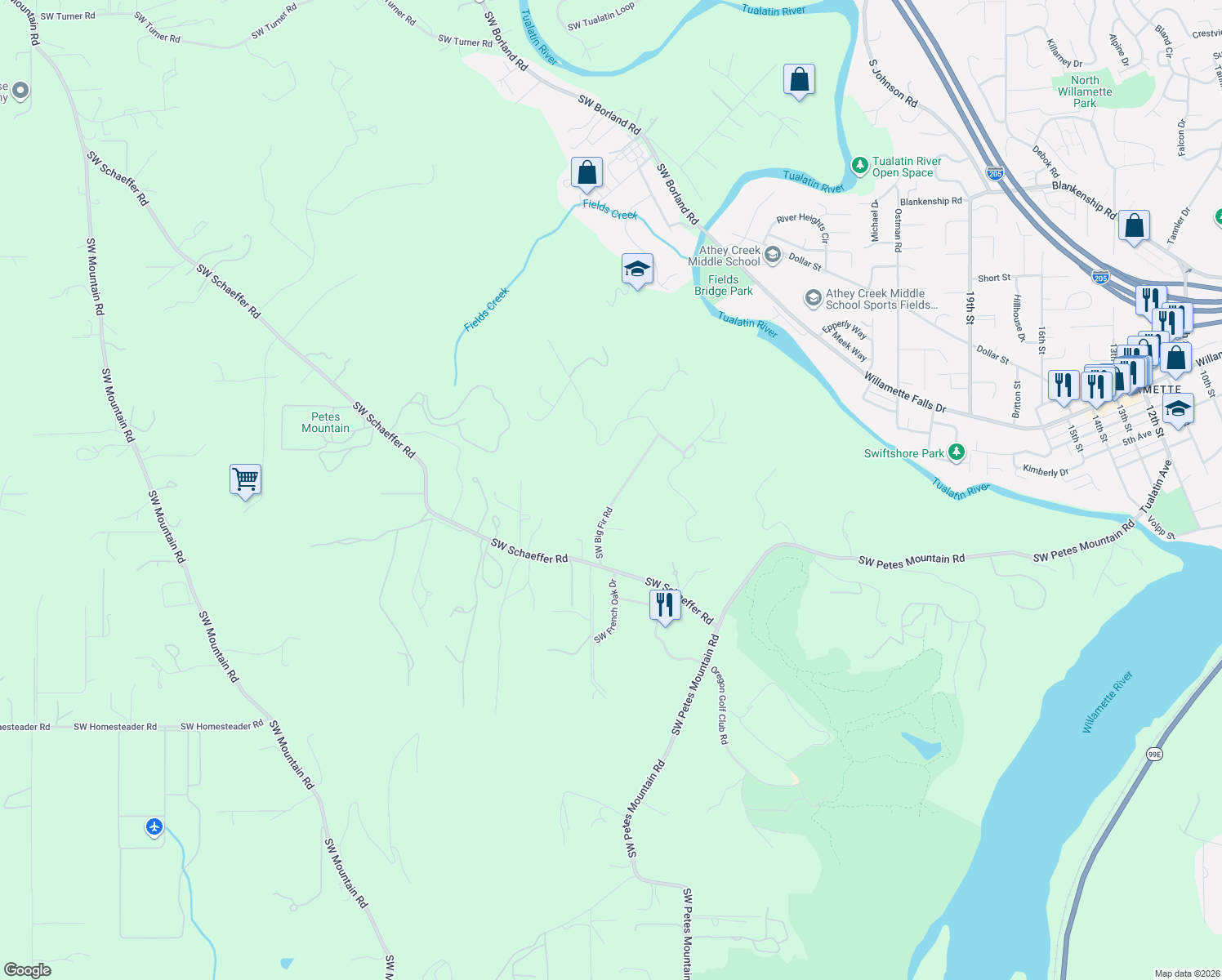 map of restaurants, bars, coffee shops, grocery stores, and more near 24800 Southwest Big Fir Road in West Linn