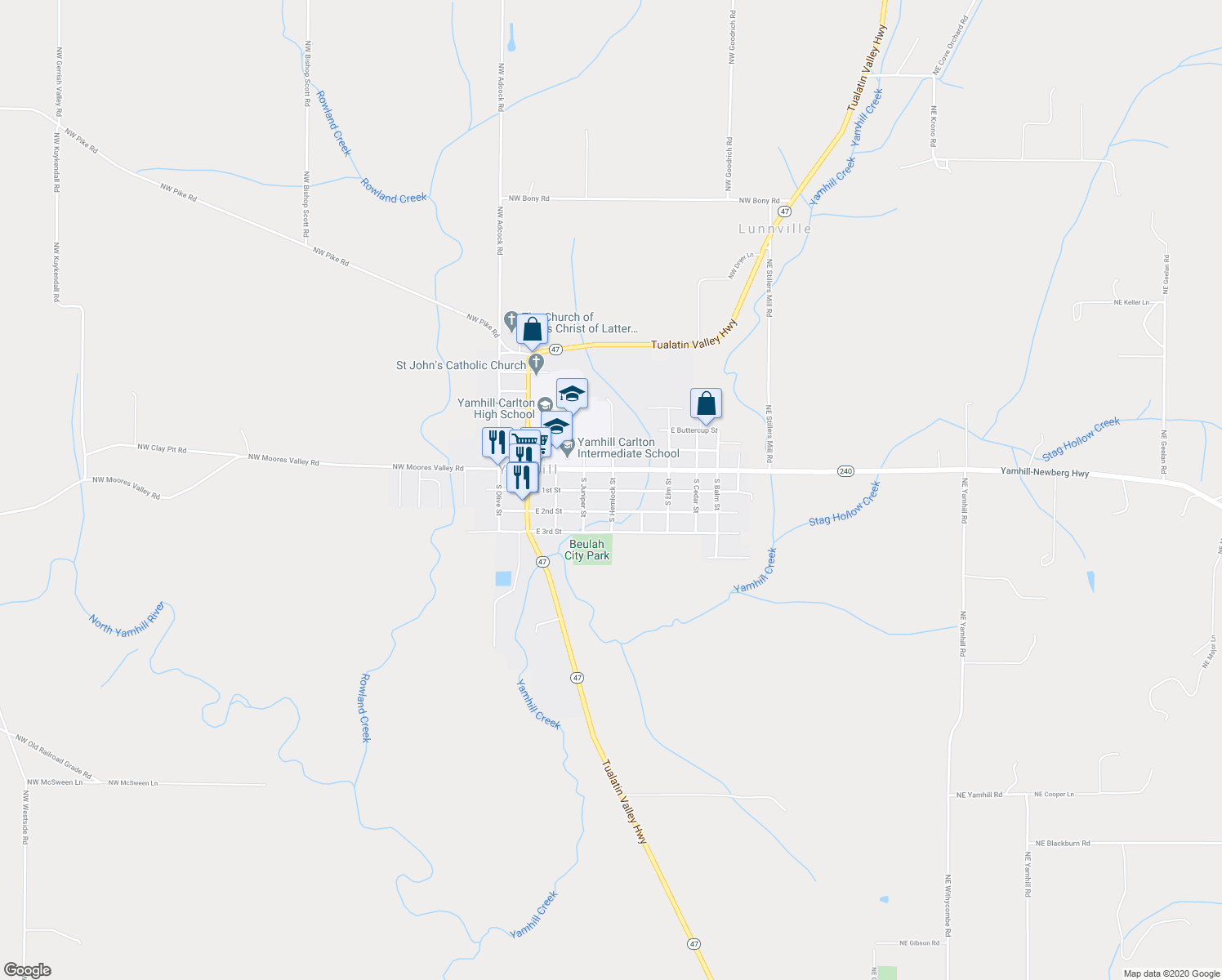 map of restaurants, bars, coffee shops, grocery stores, and more near 198 South Hemlock Street in Yamhill