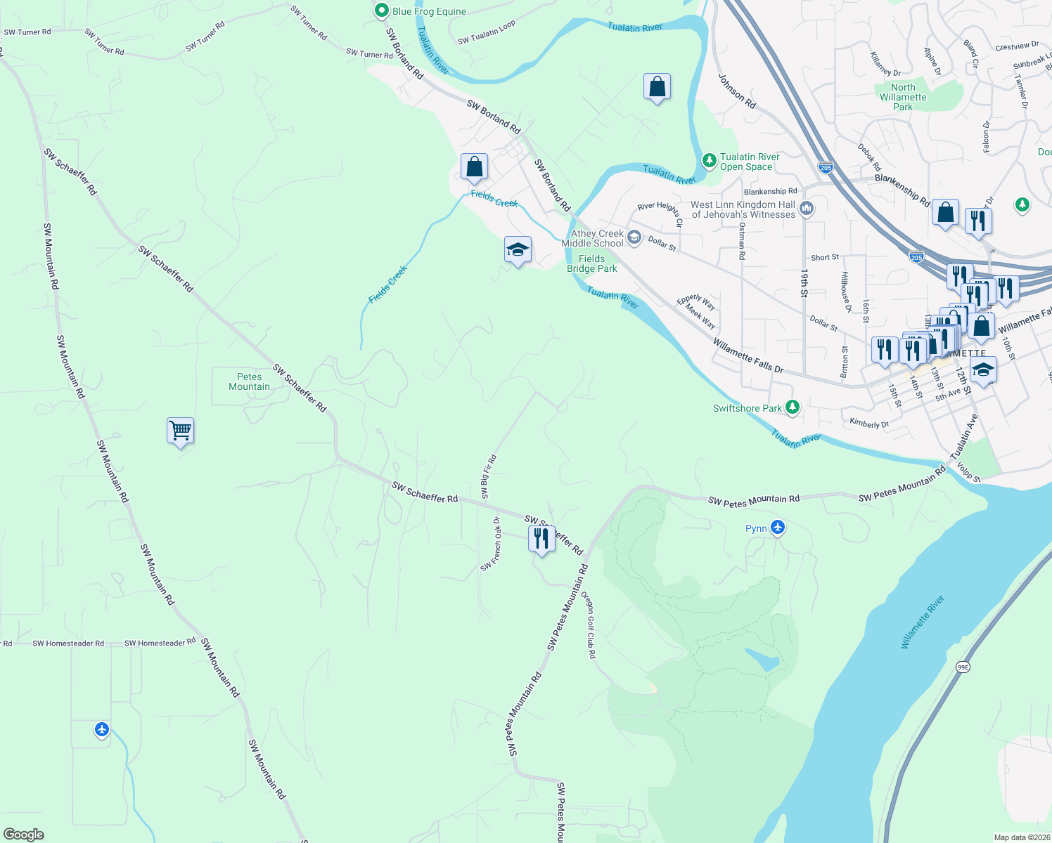 map of restaurants, bars, coffee shops, grocery stores, and more near 24790 Southwest Big Fir Road in West Linn