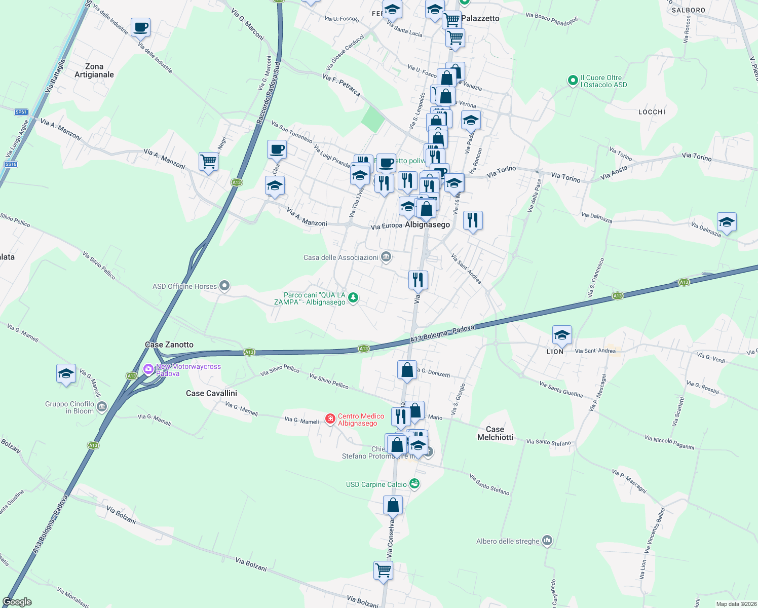 map of restaurants, bars, coffee shops, grocery stores, and more near 44 Via Fabio Filzi in Provincia di Padova