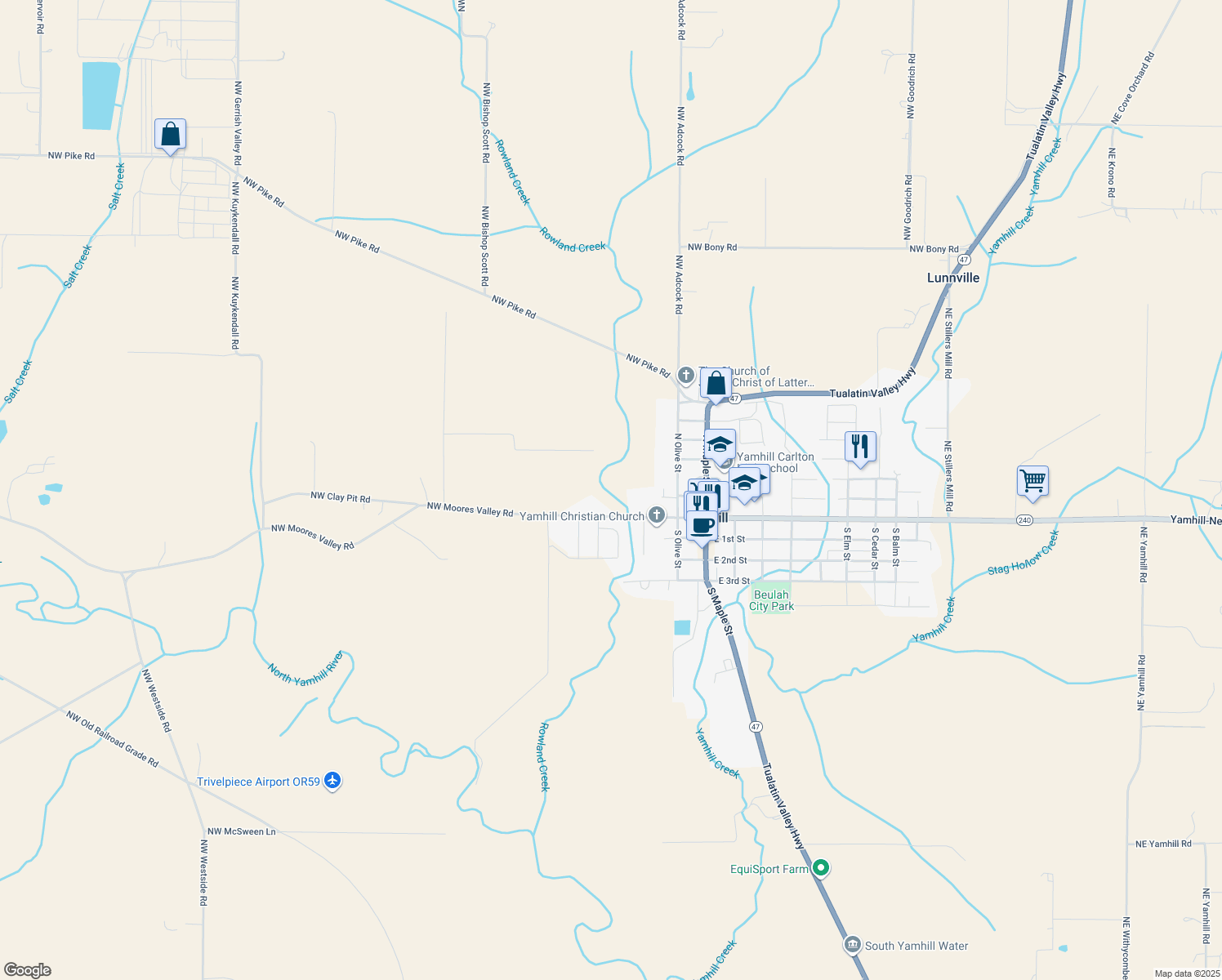 map of restaurants, bars, coffee shops, grocery stores, and more near 7700 NW Moores Valley Rd in Yamhill