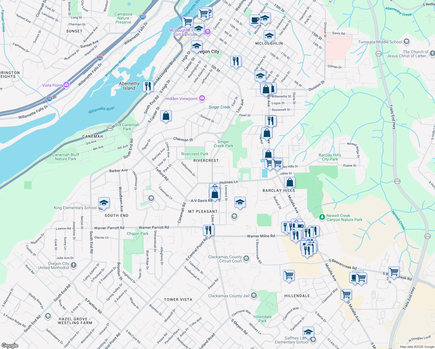 map of restaurants, bars, coffee shops, grocery stores, and more near 406 Eastfield Drive in Oregon City