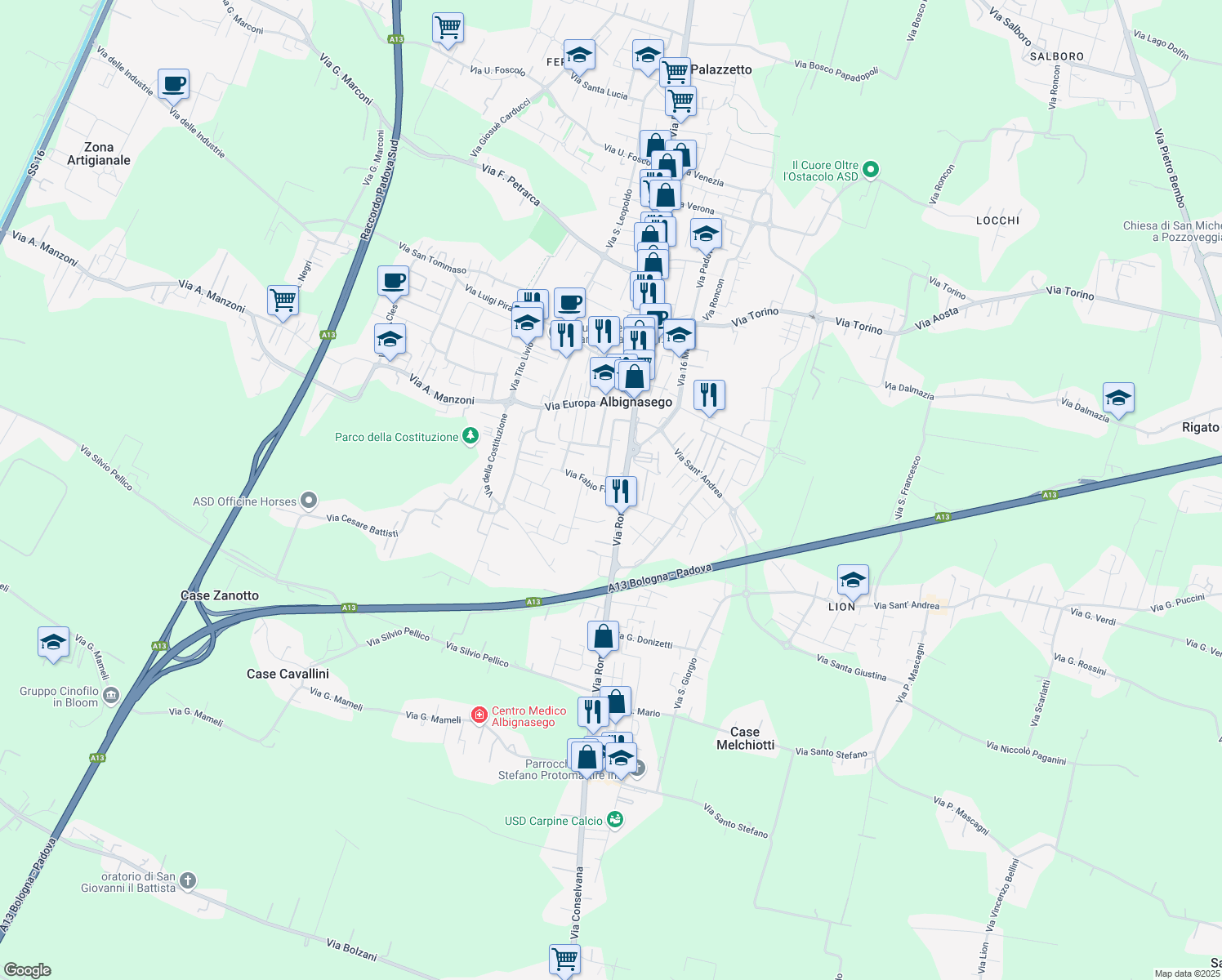 map of restaurants, bars, coffee shops, grocery stores, and more near 2 Via Fabio Filzi in Albignasego