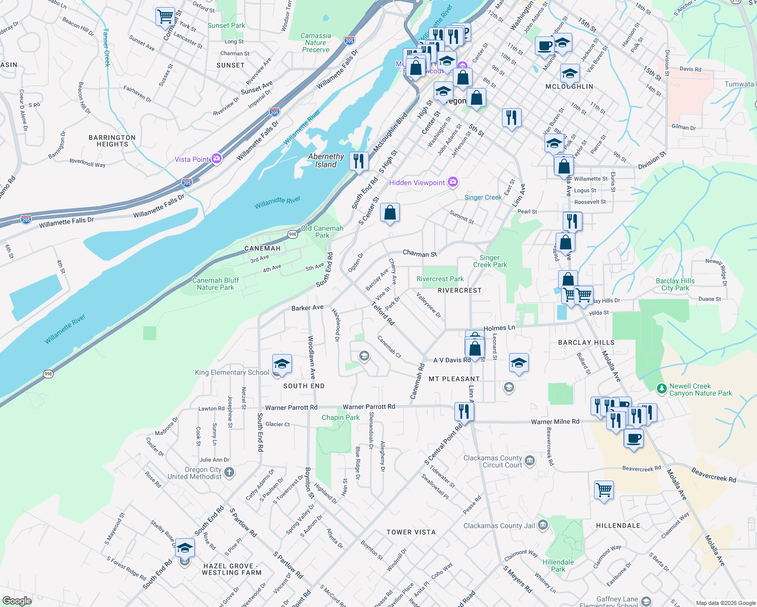 map of restaurants, bars, coffee shops, grocery stores, and more near 306 Vine Street in Oregon City