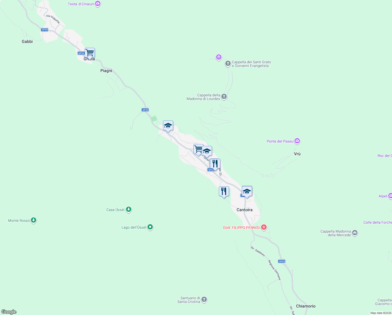 map of restaurants, bars, coffee shops, grocery stores, and more near 155 Via Roma in Cantoira