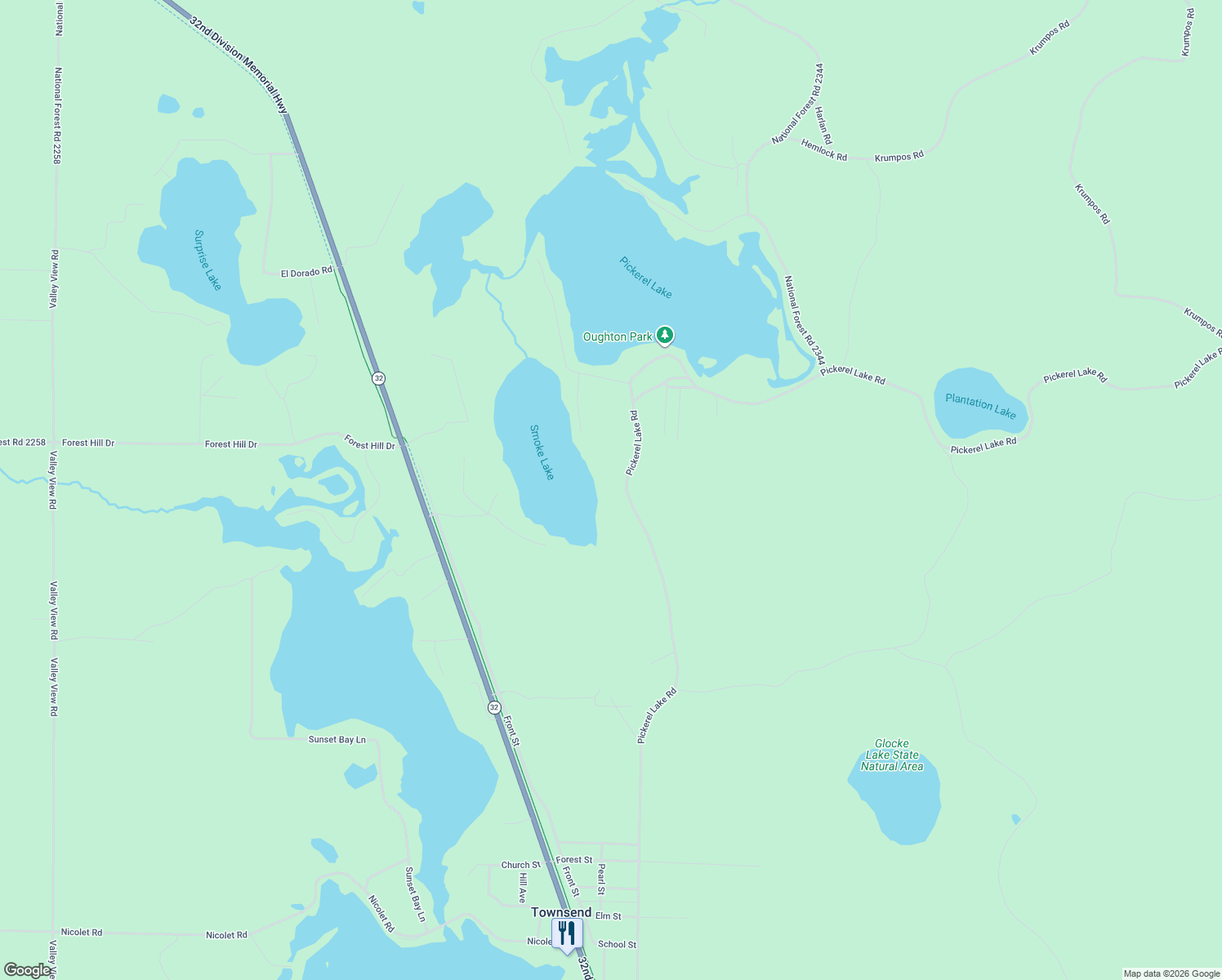 map of restaurants, bars, coffee shops, grocery stores, and more near 18363 Pickerel Lake Road in Townsend