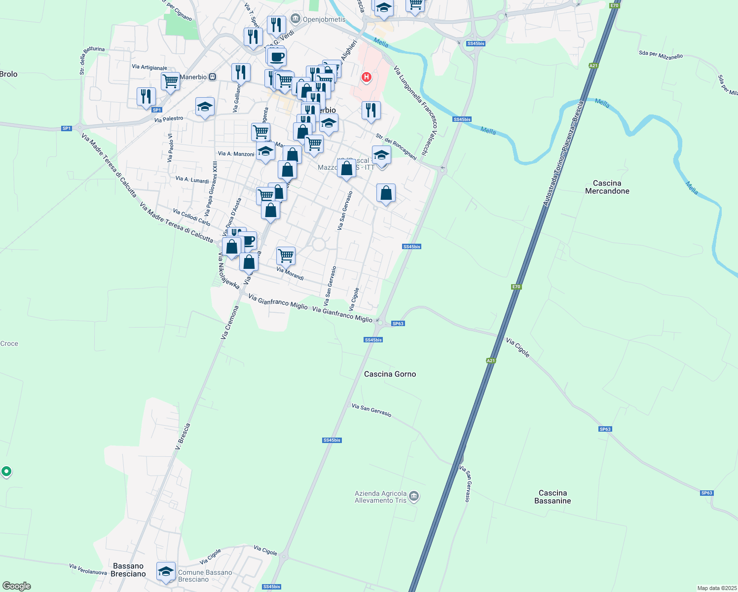map of restaurants, bars, coffee shops, grocery stores, and more near 13 Via L. Einaudi in Manerbio