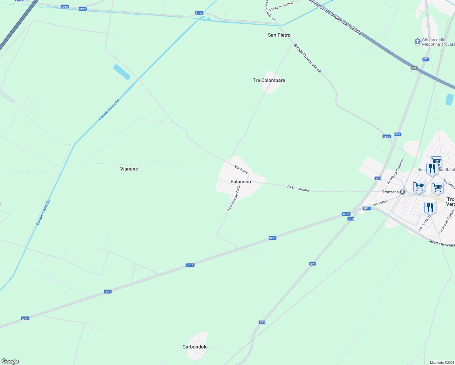 map of restaurants, bars, coffee shops, grocery stores, and more near 41 Via Emanuele Filiberto in Salomino