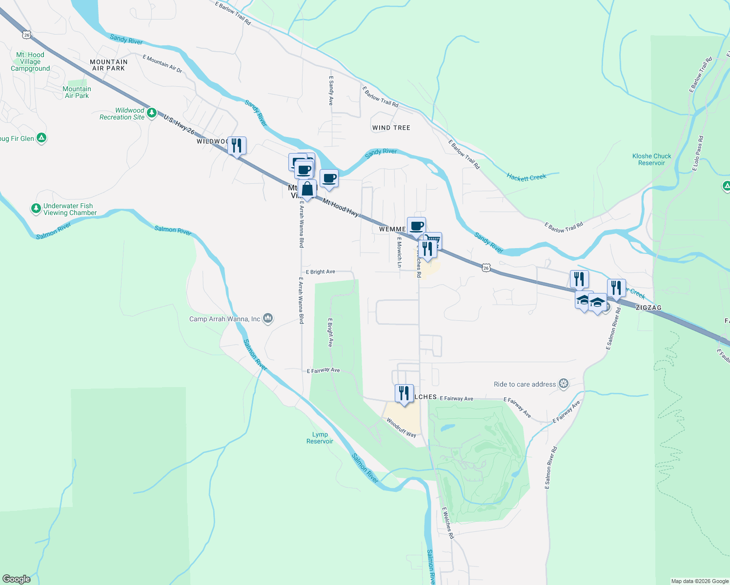 map of restaurants, bars, coffee shops, grocery stores, and more near 24675 East McKenzie Valley Court in Mount Hood Village