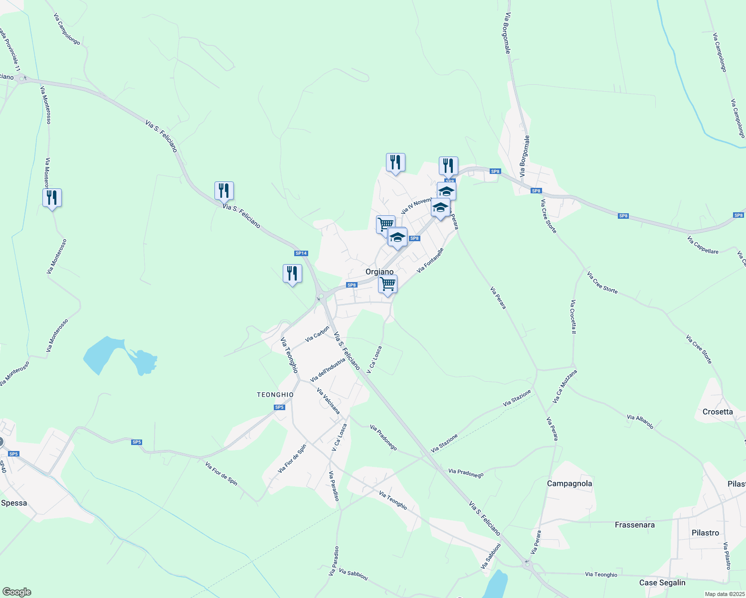 map of restaurants, bars, coffee shops, grocery stores, and more near 16 Via Mottarella in Orgiano