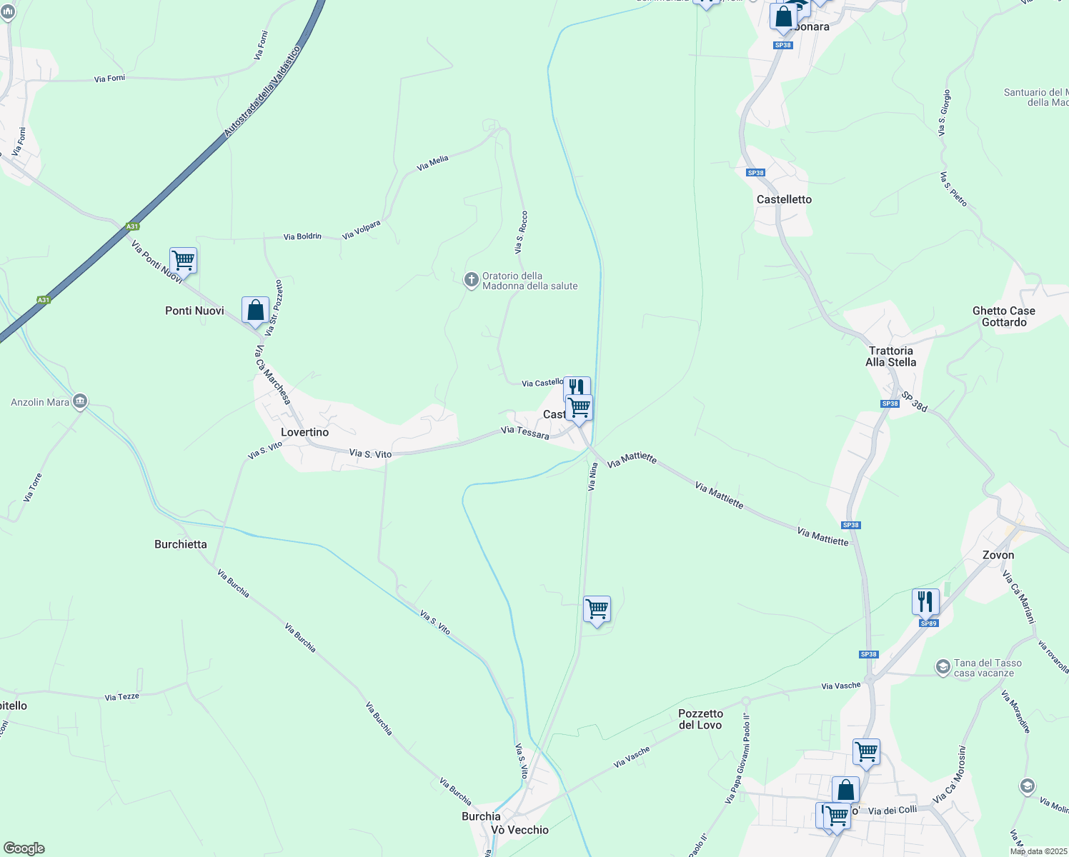 map of restaurants, bars, coffee shops, grocery stores, and more near 27 Via Tessara in Castello