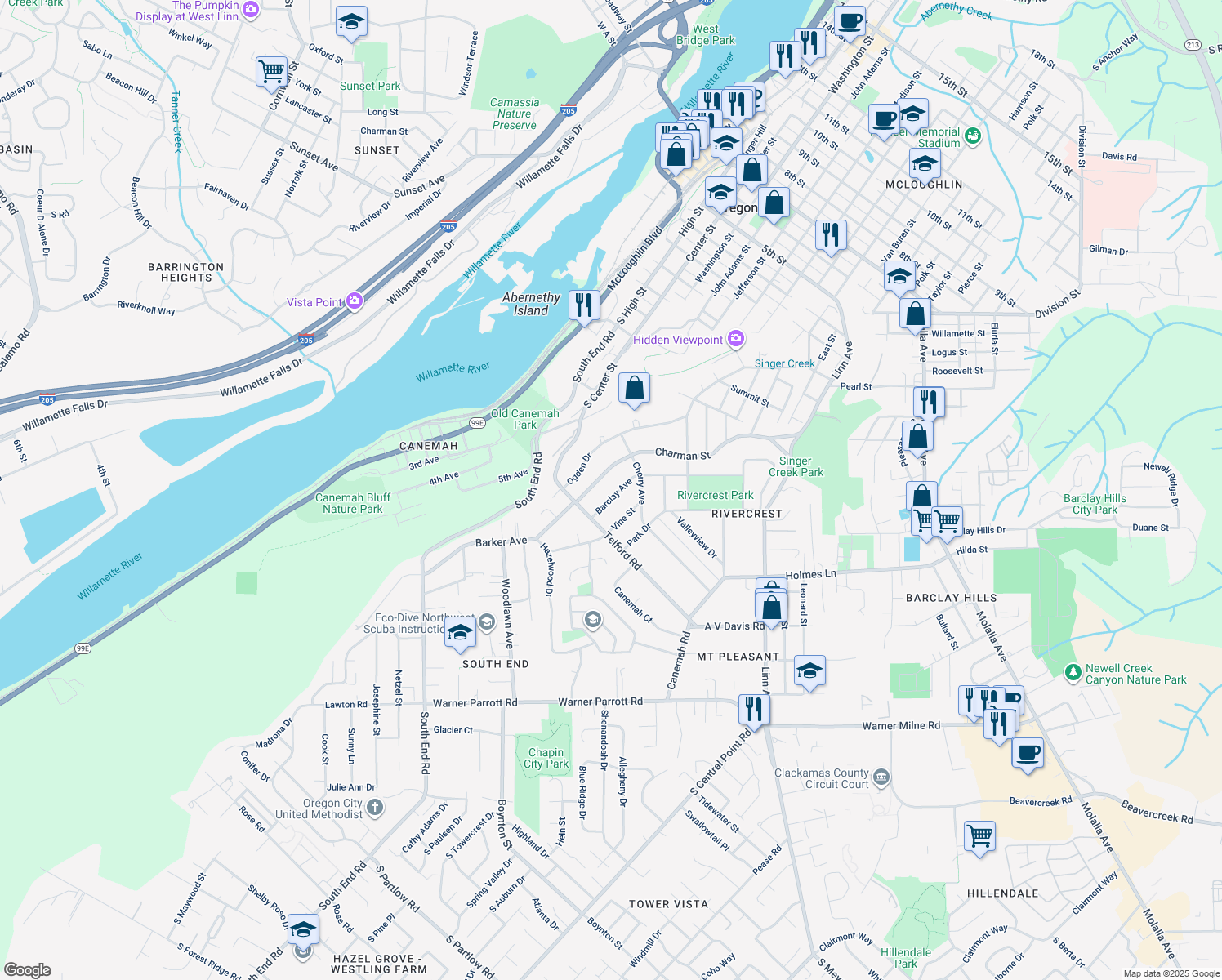 map of restaurants, bars, coffee shops, grocery stores, and more near 441 Barclay Avenue in Oregon City