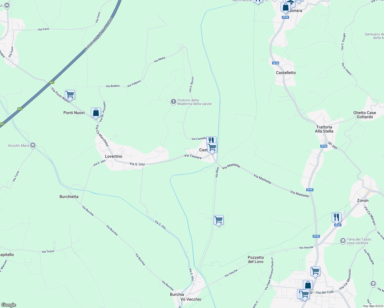 map of restaurants, bars, coffee shops, grocery stores, and more near 27 Via Tessara in Castello
