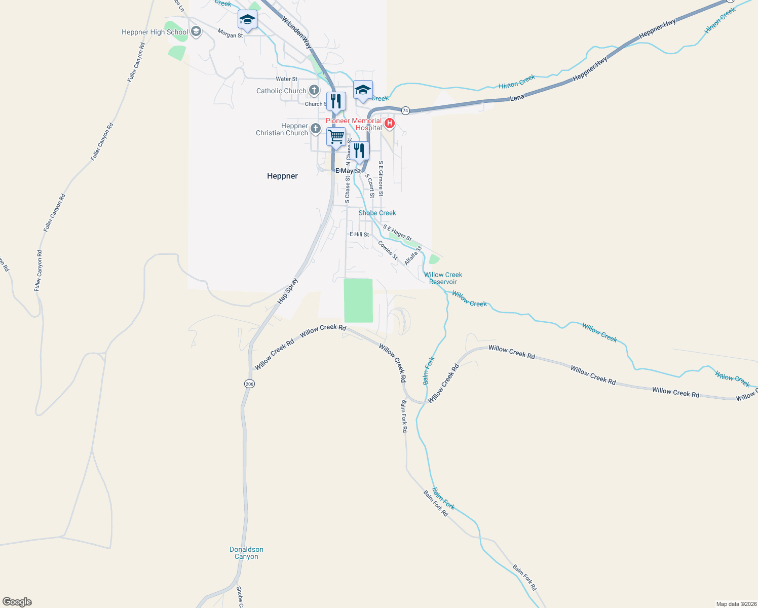 map of restaurants, bars, coffee shops, grocery stores, and more near 875 Lakeview Court in Heppner