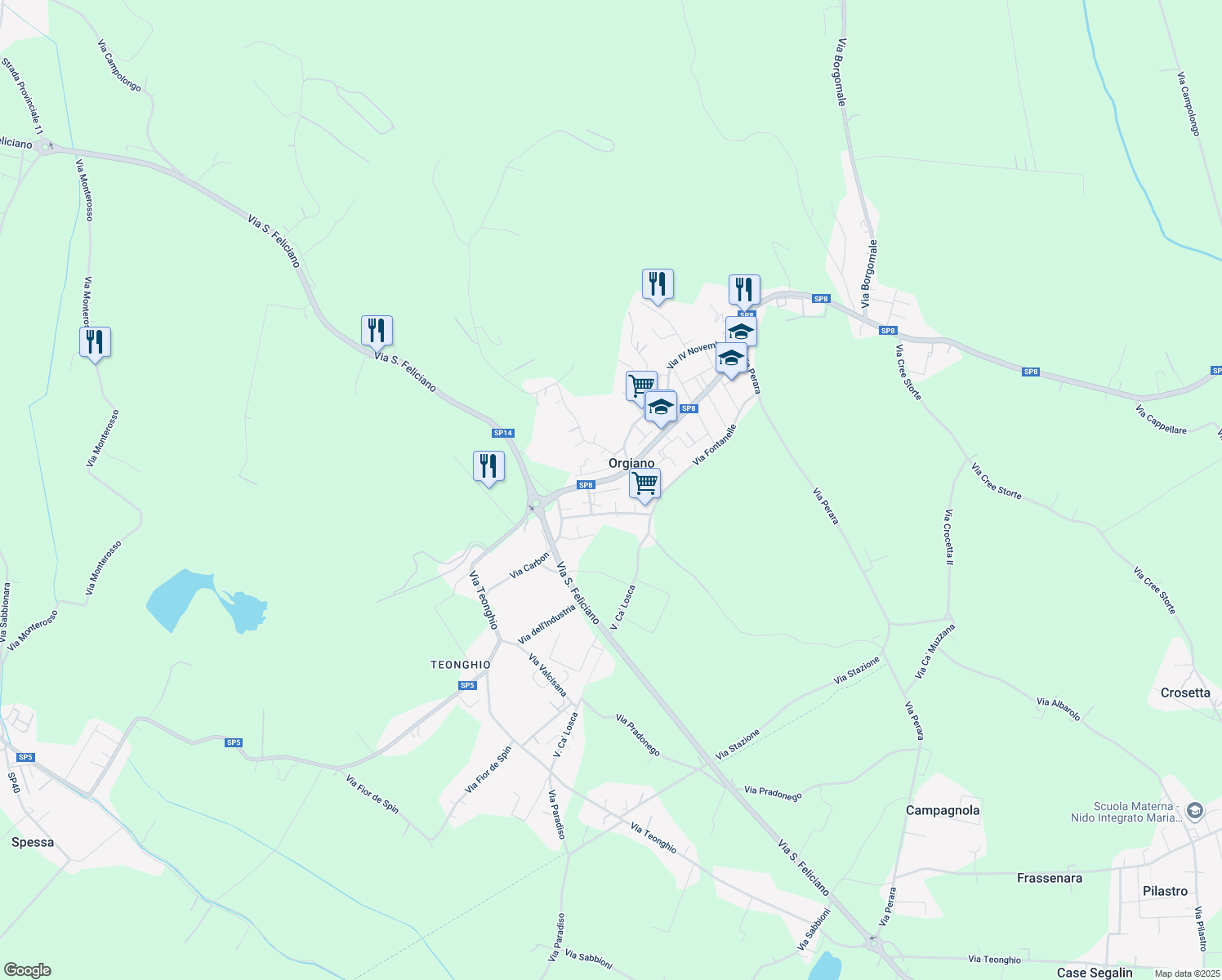 map of restaurants, bars, coffee shops, grocery stores, and more near 16 Via Mottarella in Orgiano