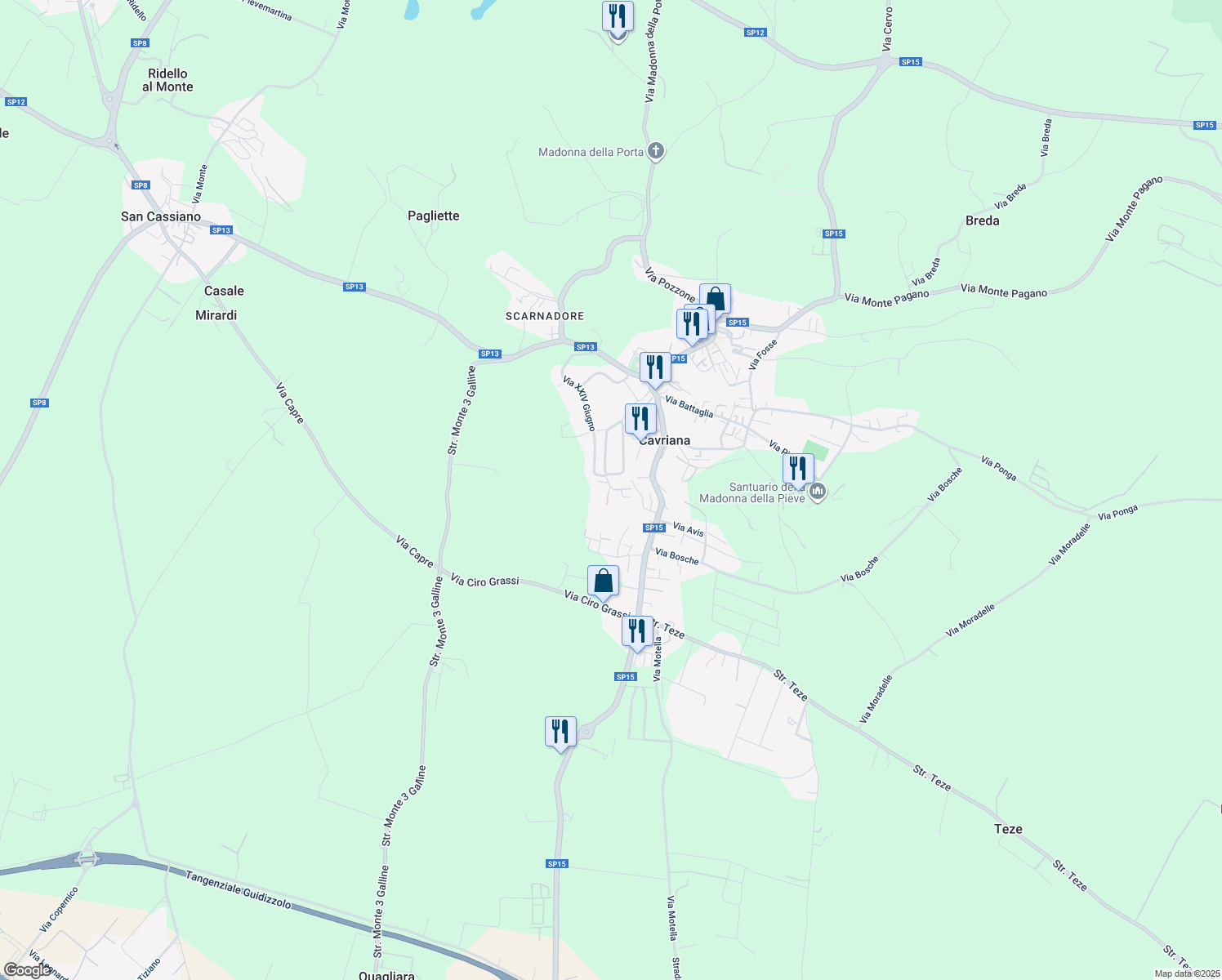 map of restaurants, bars, coffee shops, grocery stores, and more near 14 Via Isabella D'Este in Cavriana