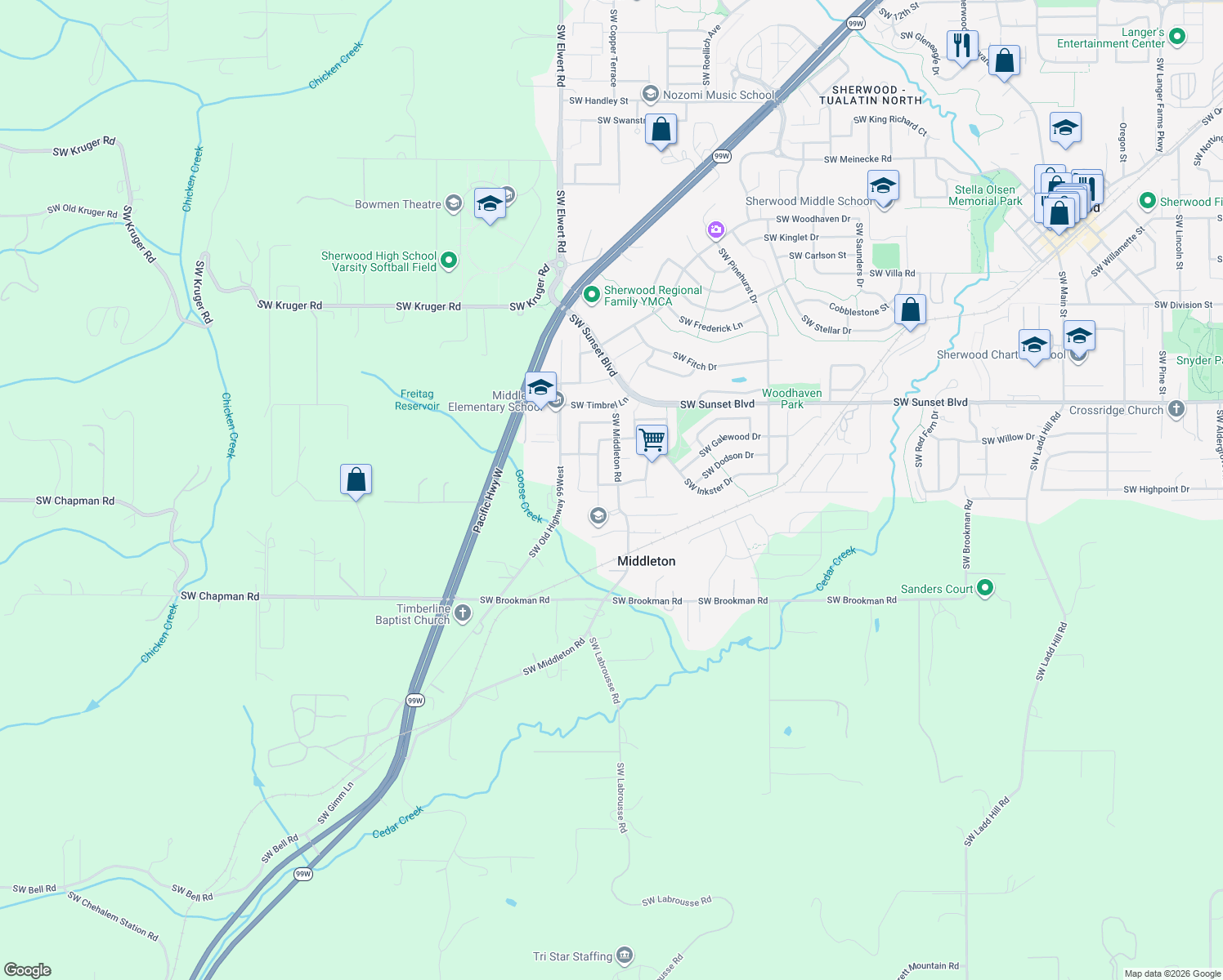 map of restaurants, bars, coffee shops, grocery stores, and more near 23933 Southwest Middleton Road in Sherwood