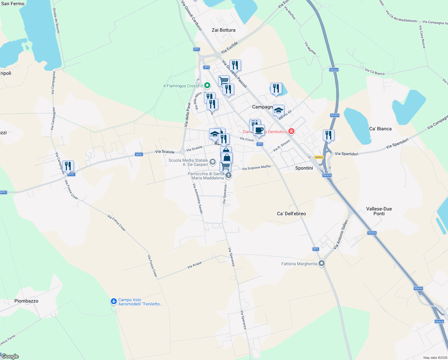 map of restaurants, bars, coffee shops, grocery stores, and more near 82 Piazza Alcide De Gasperi in Raldon