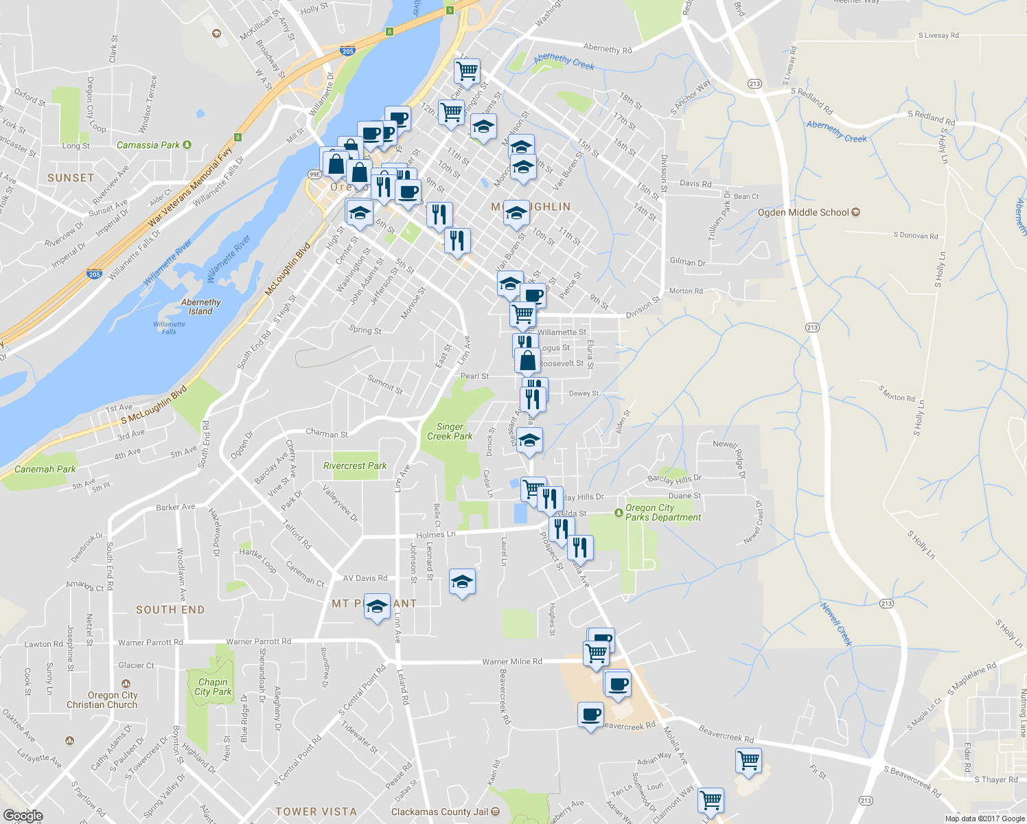 map of restaurants, bars, coffee shops, grocery stores, and more near 414 Pleasant Avenue in Oregon City
