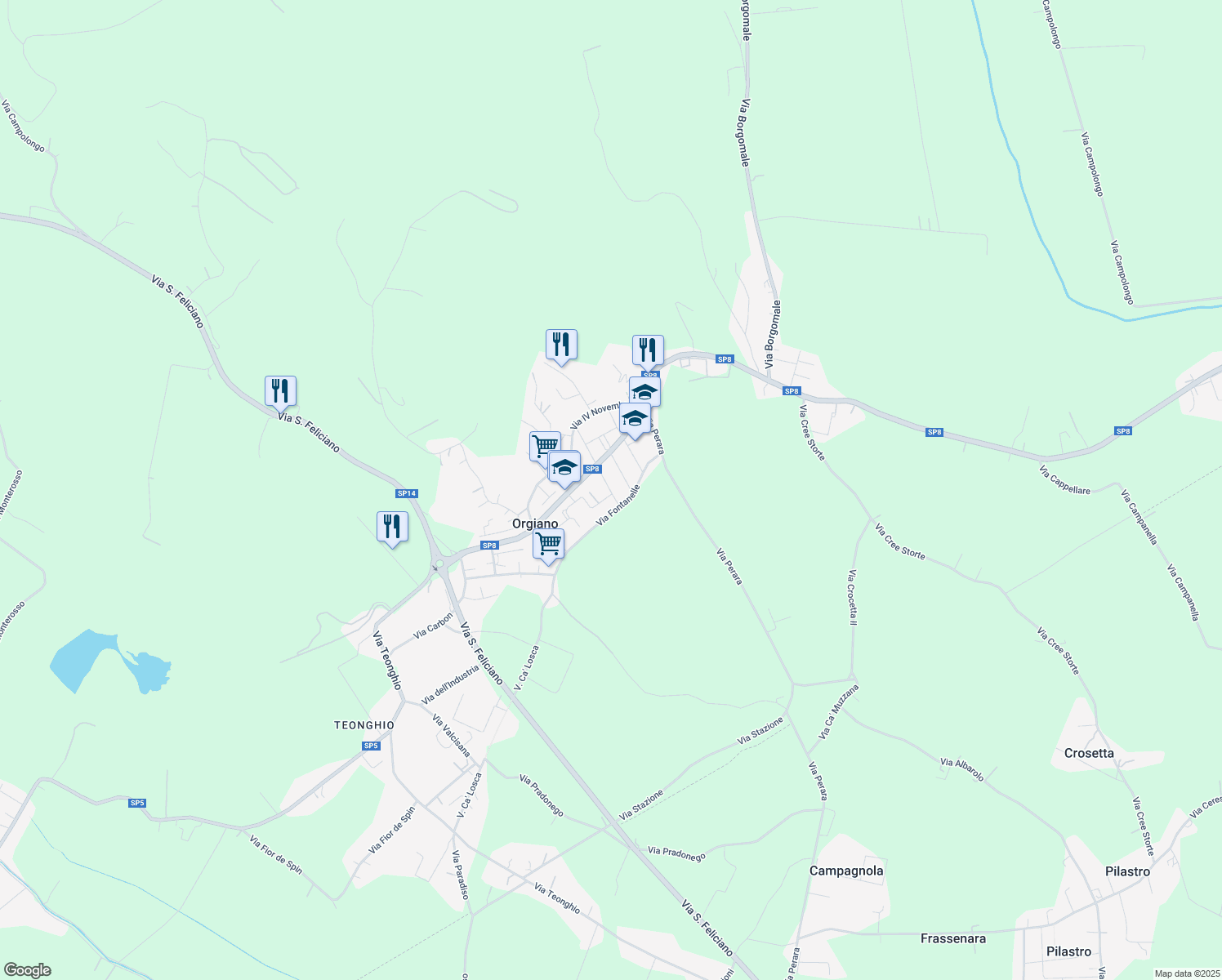 map of restaurants, bars, coffee shops, grocery stores, and more near 30 Via Cesare Caliari in Orgiano