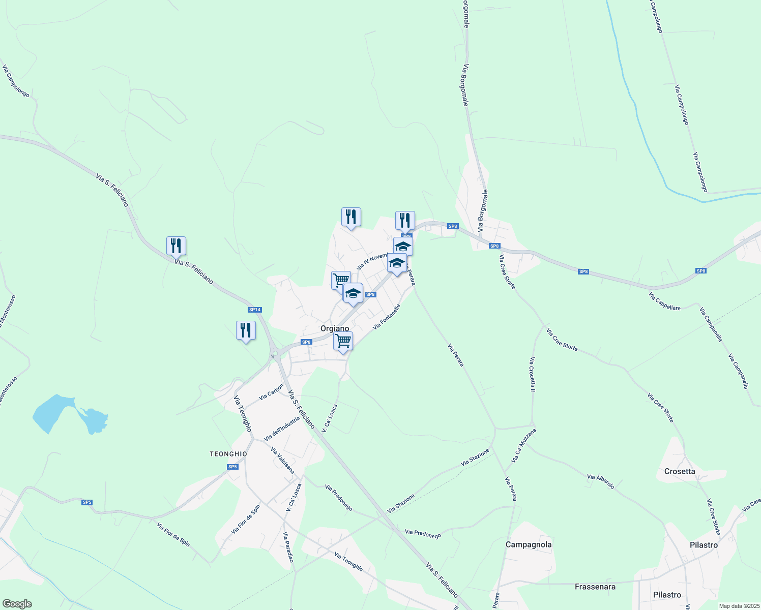 map of restaurants, bars, coffee shops, grocery stores, and more near 30 Via Cesare Caliari in Orgiano