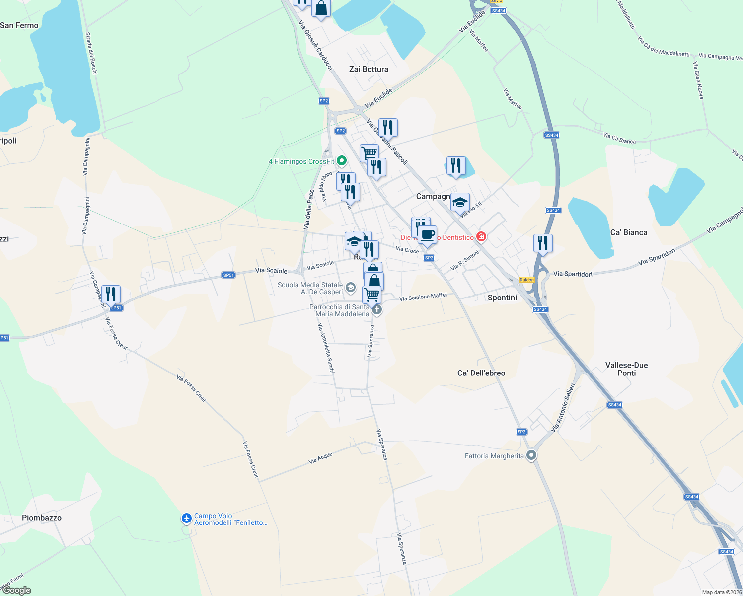 map of restaurants, bars, coffee shops, grocery stores, and more near 82 Piazza Alcide De Gasperi in Raldon