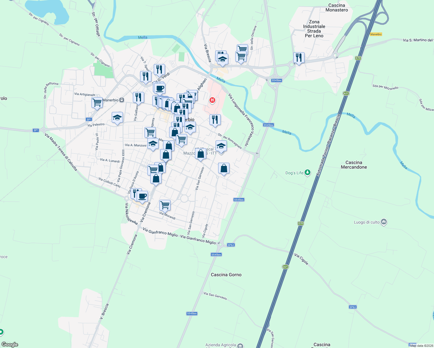 map of restaurants, bars, coffee shops, grocery stores, and more near 72 Via Piave in Manerbio