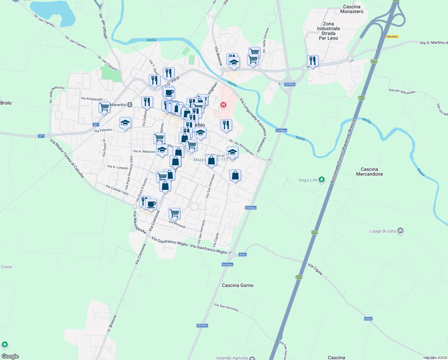 map of restaurants, bars, coffee shops, grocery stores, and more near 72 Via Piave in Manerbio