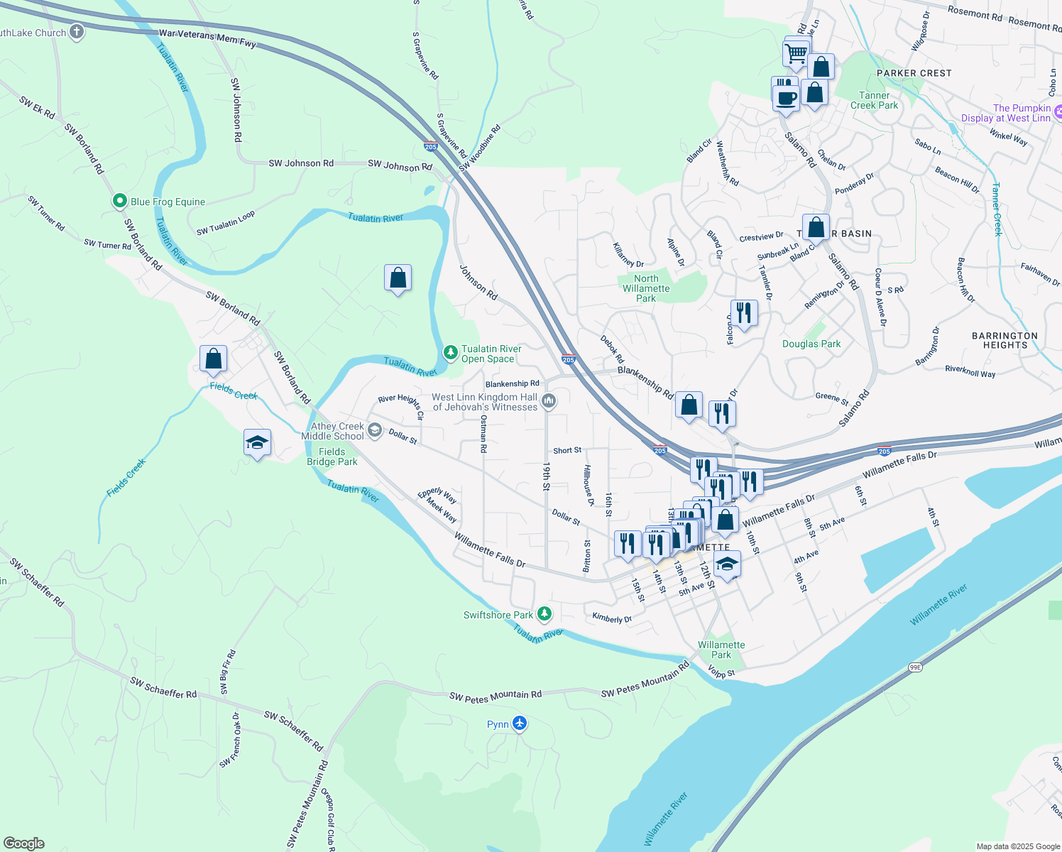 map of restaurants, bars, coffee shops, grocery stores, and more near 1247 Farrview Court in West Linn