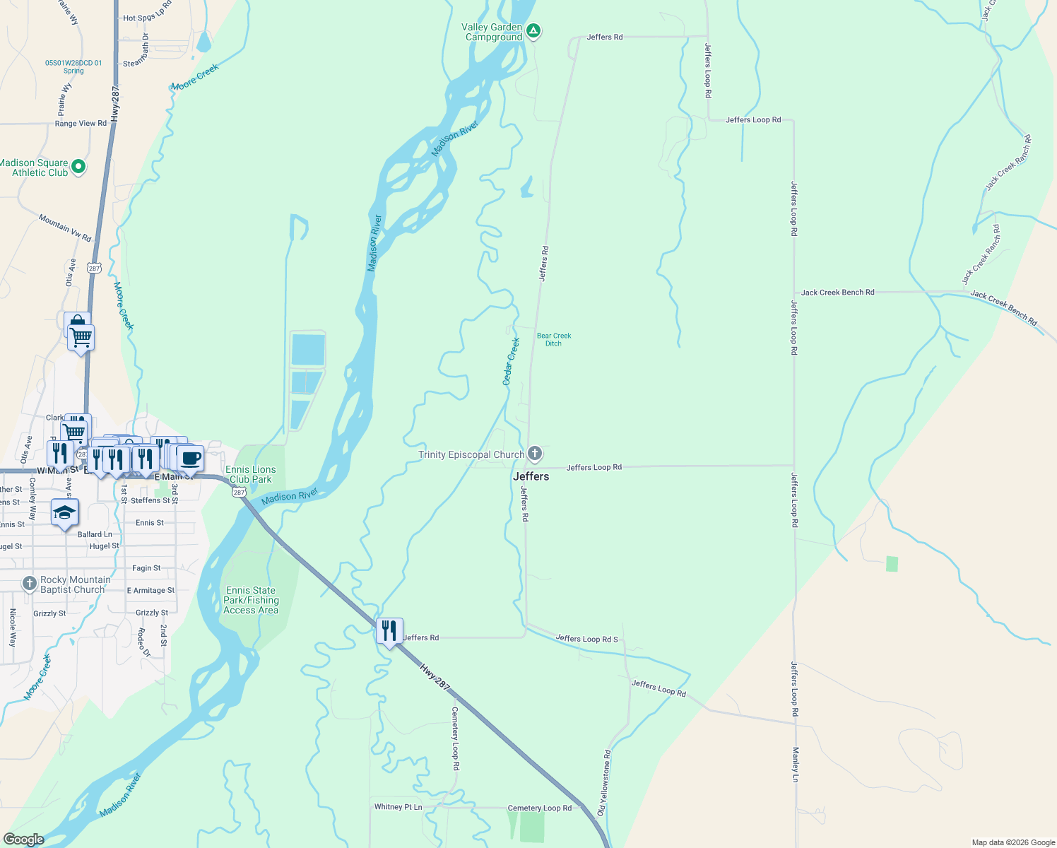 map of restaurants, bars, coffee shops, grocery stores, and more near 207 Jeffers Rd in Ennis