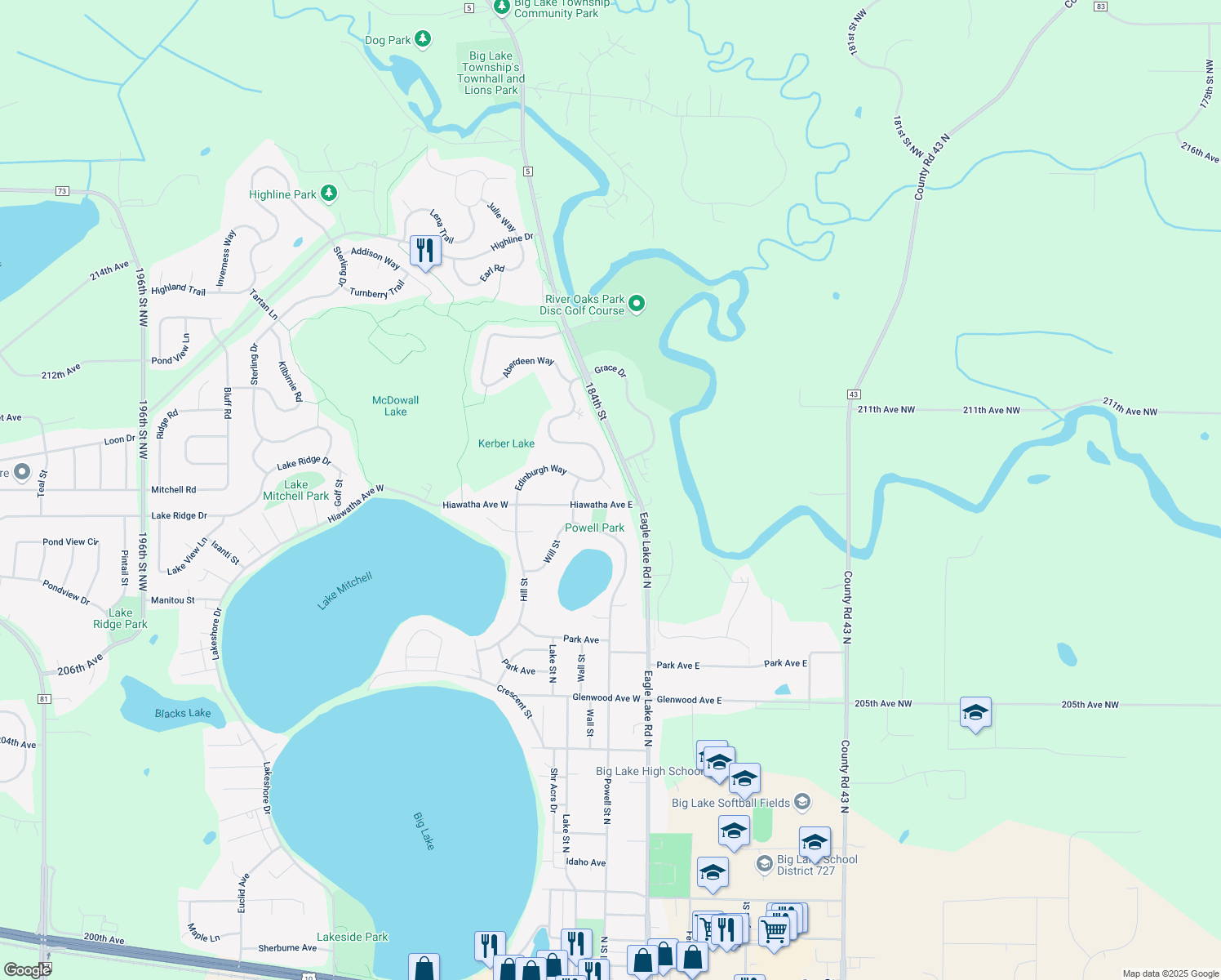 map of restaurants, bars, coffee shops, grocery stores, and more near 5117 Edinburgh Alcove in Big Lake