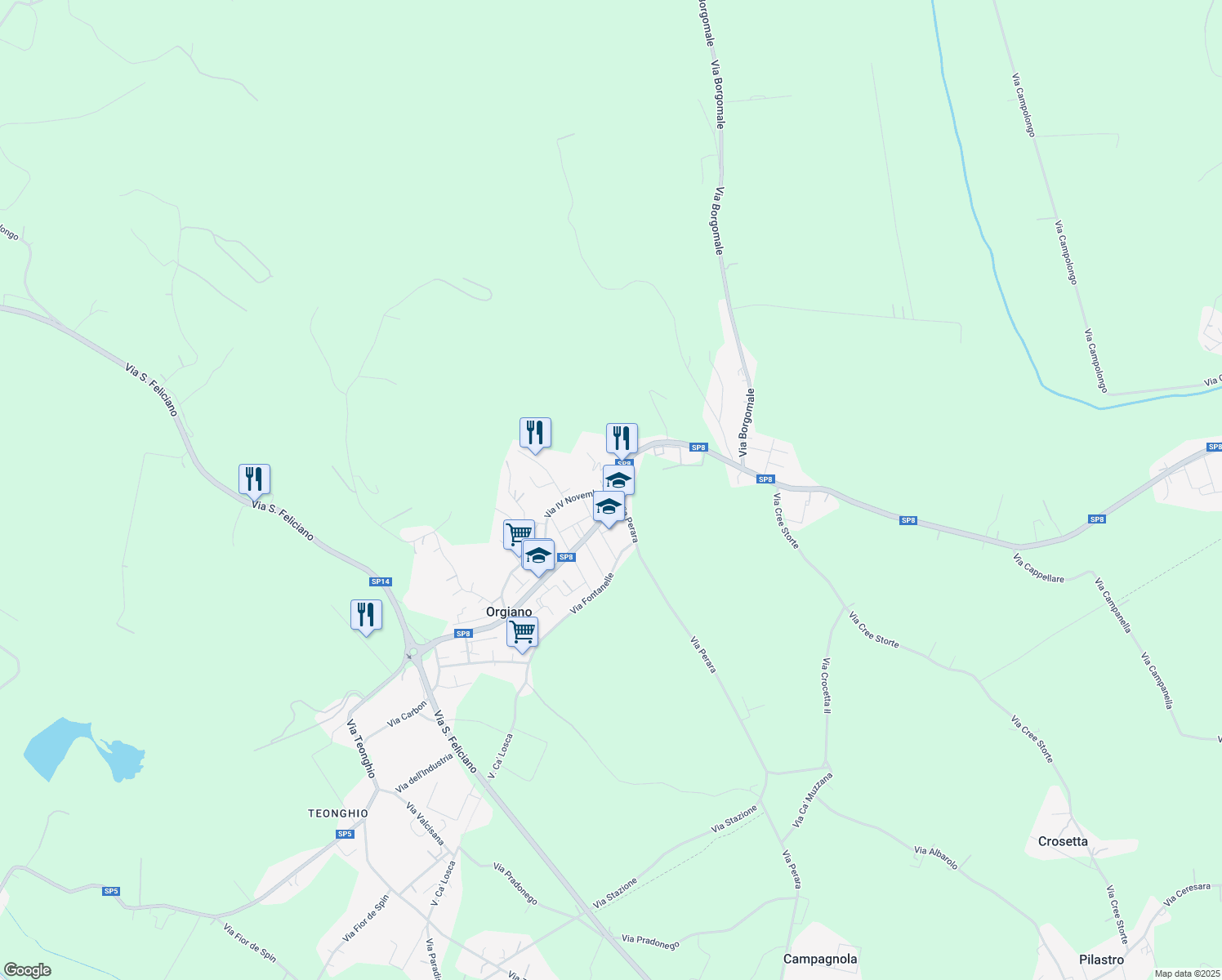 map of restaurants, bars, coffee shops, grocery stores, and more near 2 Via IV Novembre in Orgiano