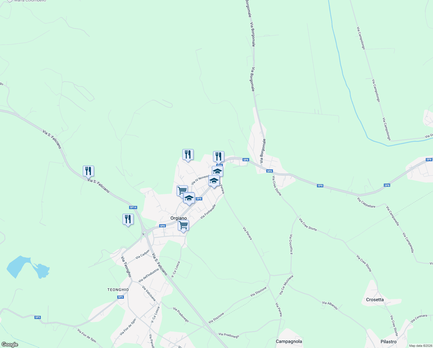 map of restaurants, bars, coffee shops, grocery stores, and more near 2 Via IV Novembre in Orgiano