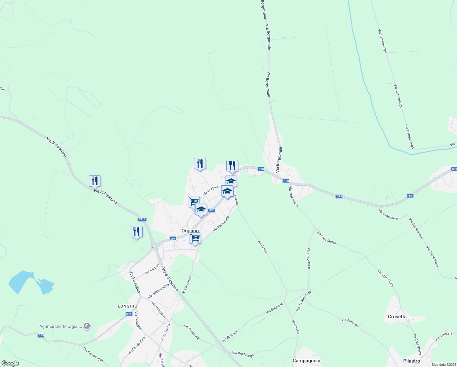 map of restaurants, bars, coffee shops, grocery stores, and more near 2 Via IV Novembre in Orgiano