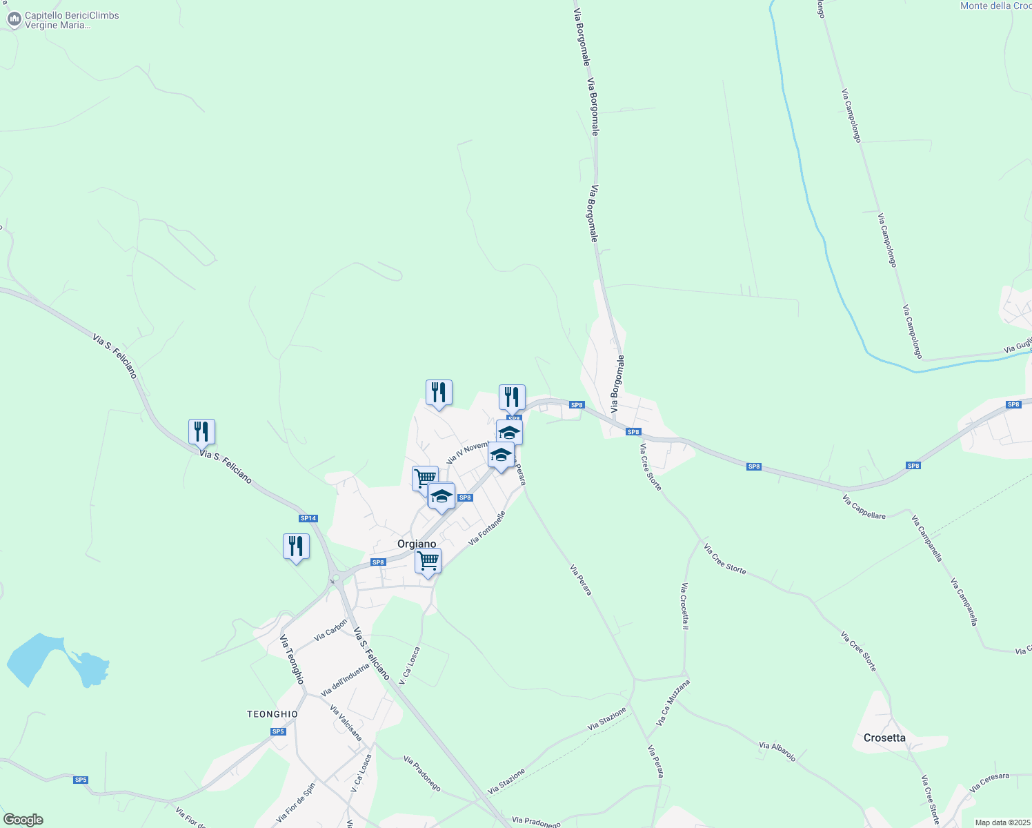 map of restaurants, bars, coffee shops, grocery stores, and more near 24 Strada Provinciale 8 in Orgiano