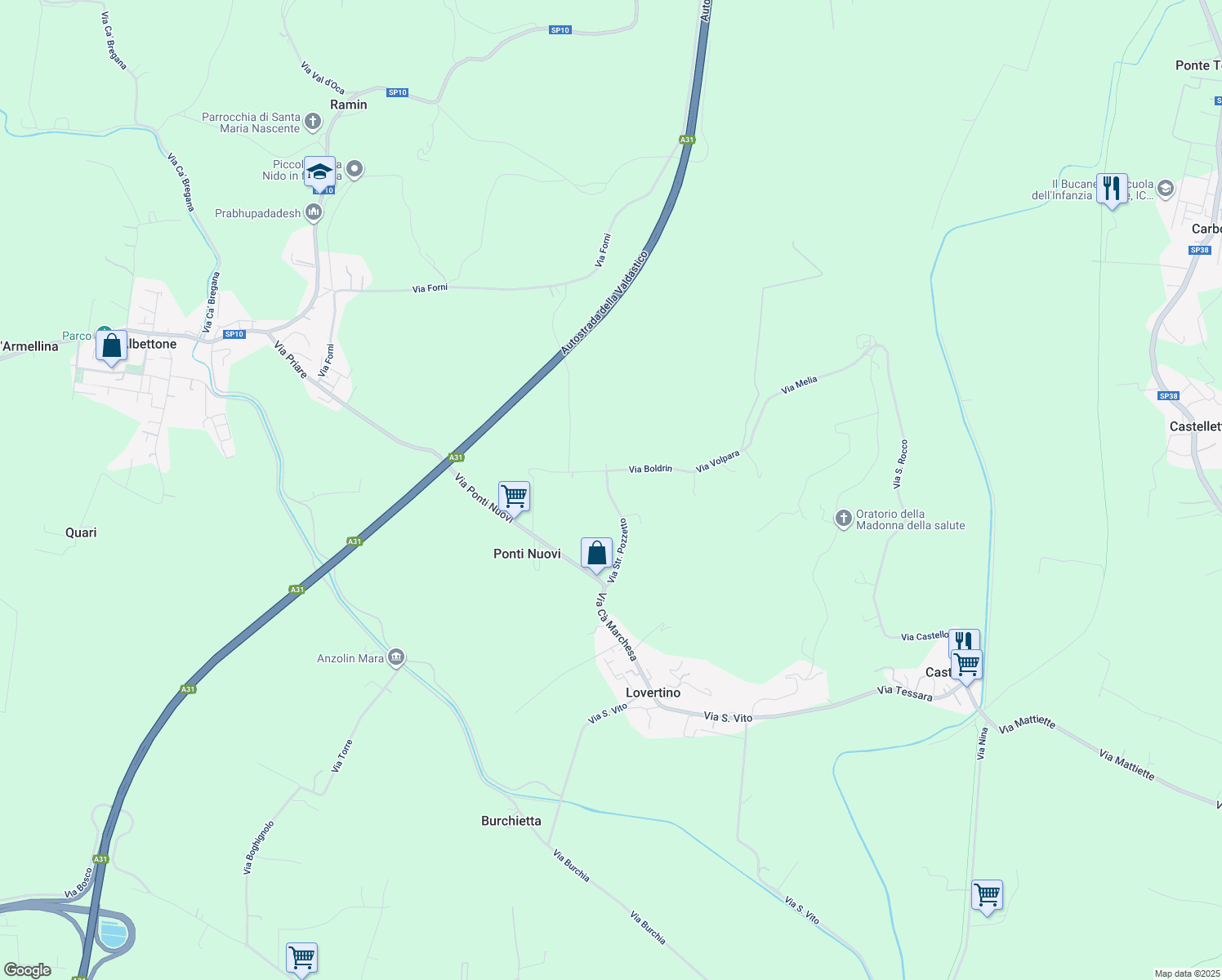 map of restaurants, bars, coffee shops, grocery stores, and more near 22 Via Strada Pozzetto in Provincia di Vicenza