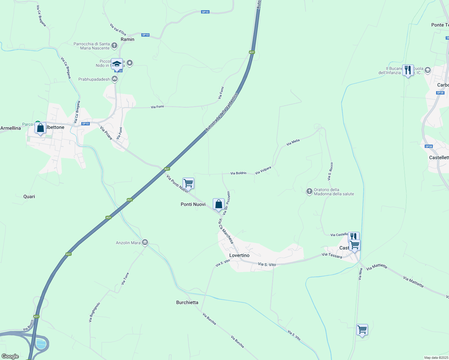 map of restaurants, bars, coffee shops, grocery stores, and more near 22 Via Strada Pozzetto in Provincia di Vicenza