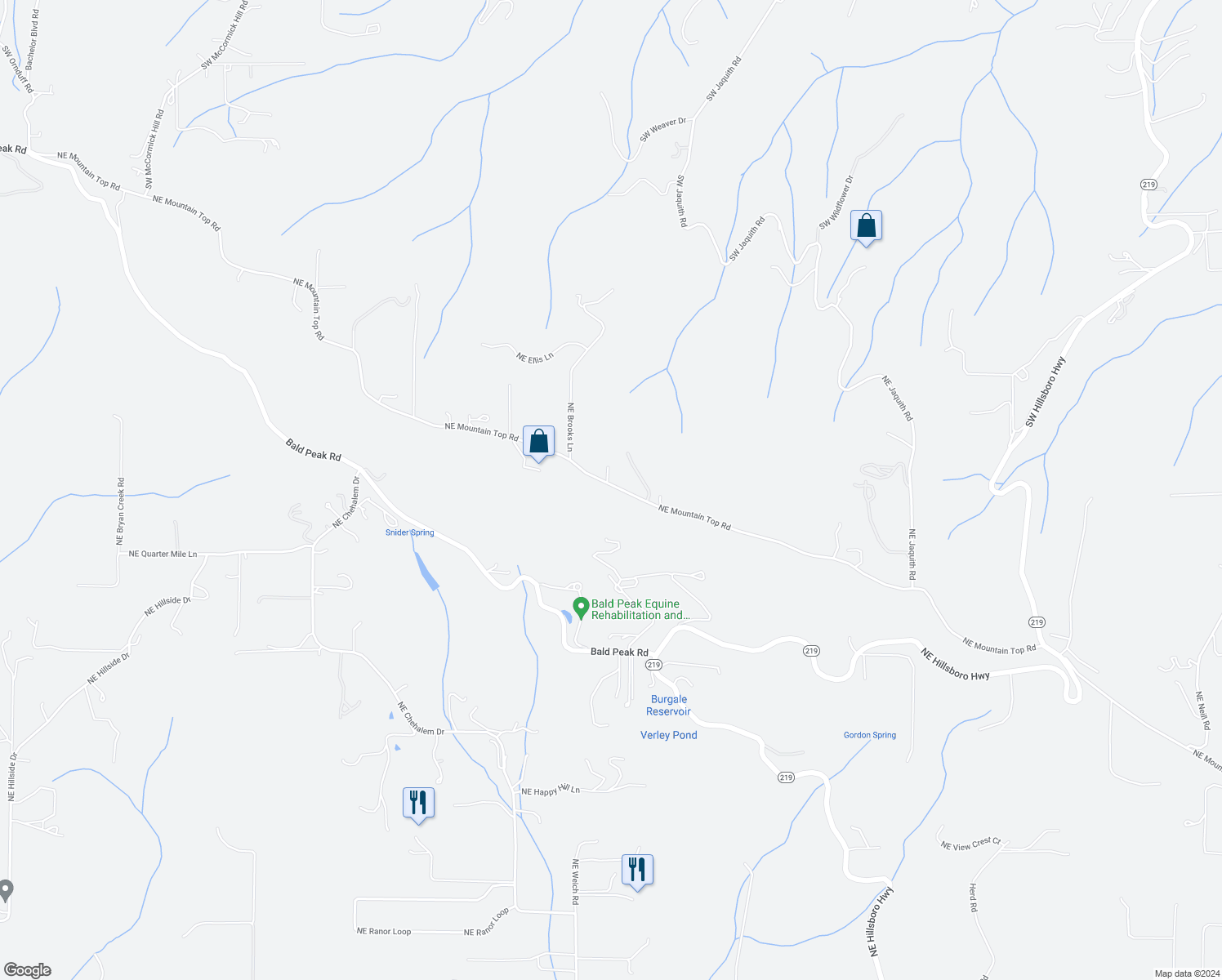 map of restaurants, bars, coffee shops, grocery stores, and more near Northeast Mountain Top Road in Newberg