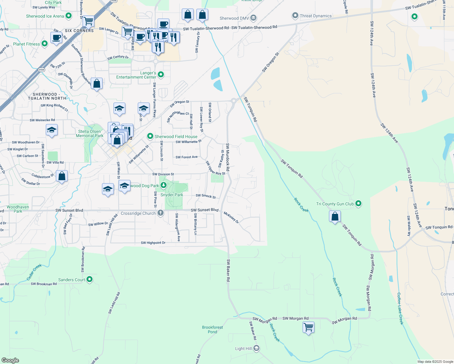 map of restaurants, bars, coffee shops, grocery stores, and more near 23102 SW William Ave in Sherwood