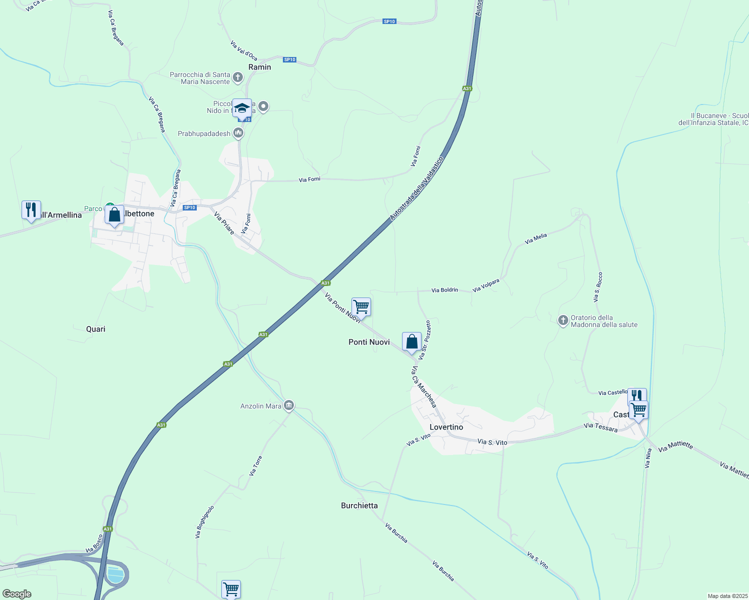 map of restaurants, bars, coffee shops, grocery stores, and more near 17 Via Strada Pozzetto in Provincia di Vicenza