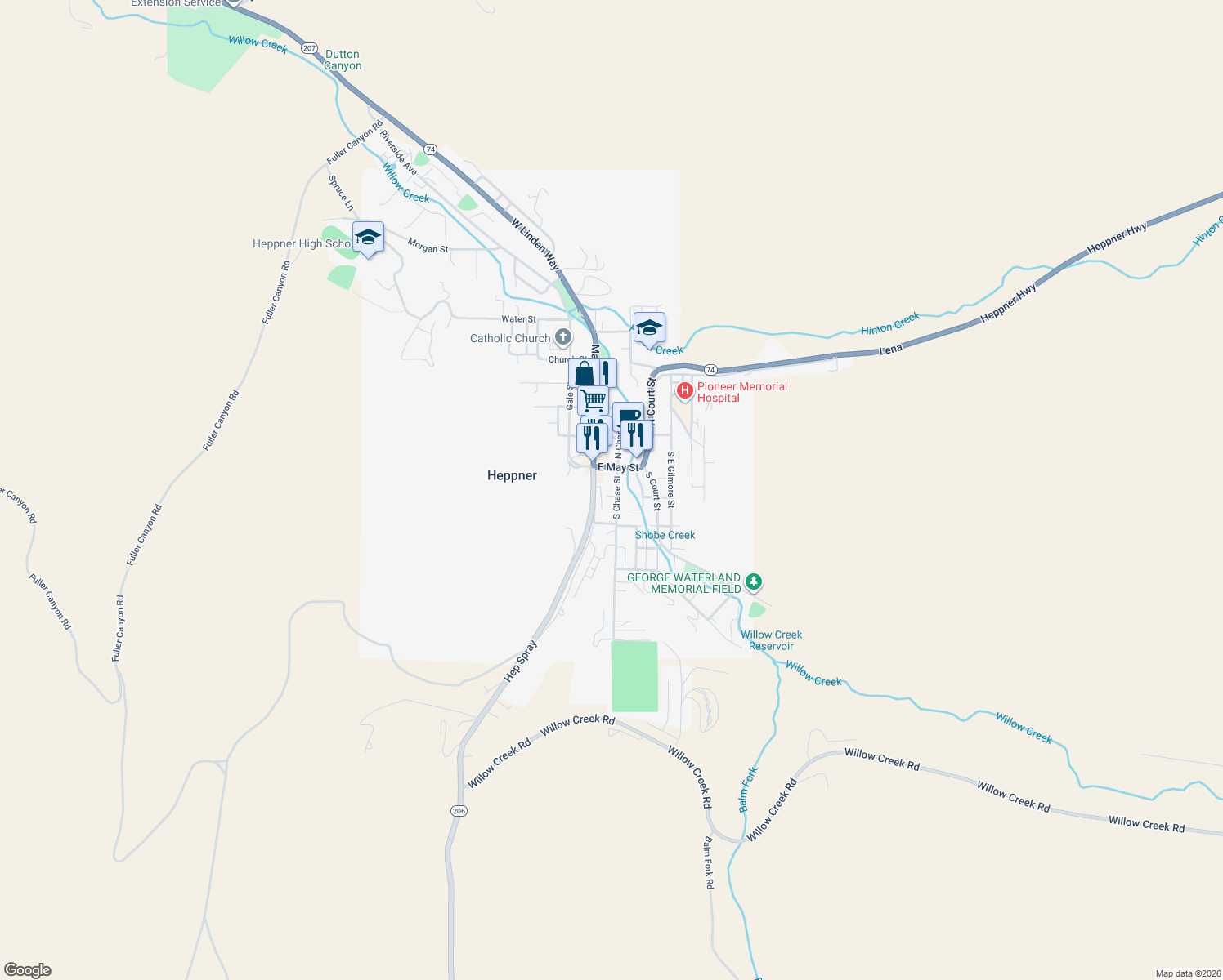 map of restaurants, bars, coffee shops, grocery stores, and more near 185 South Chase Street in Heppner