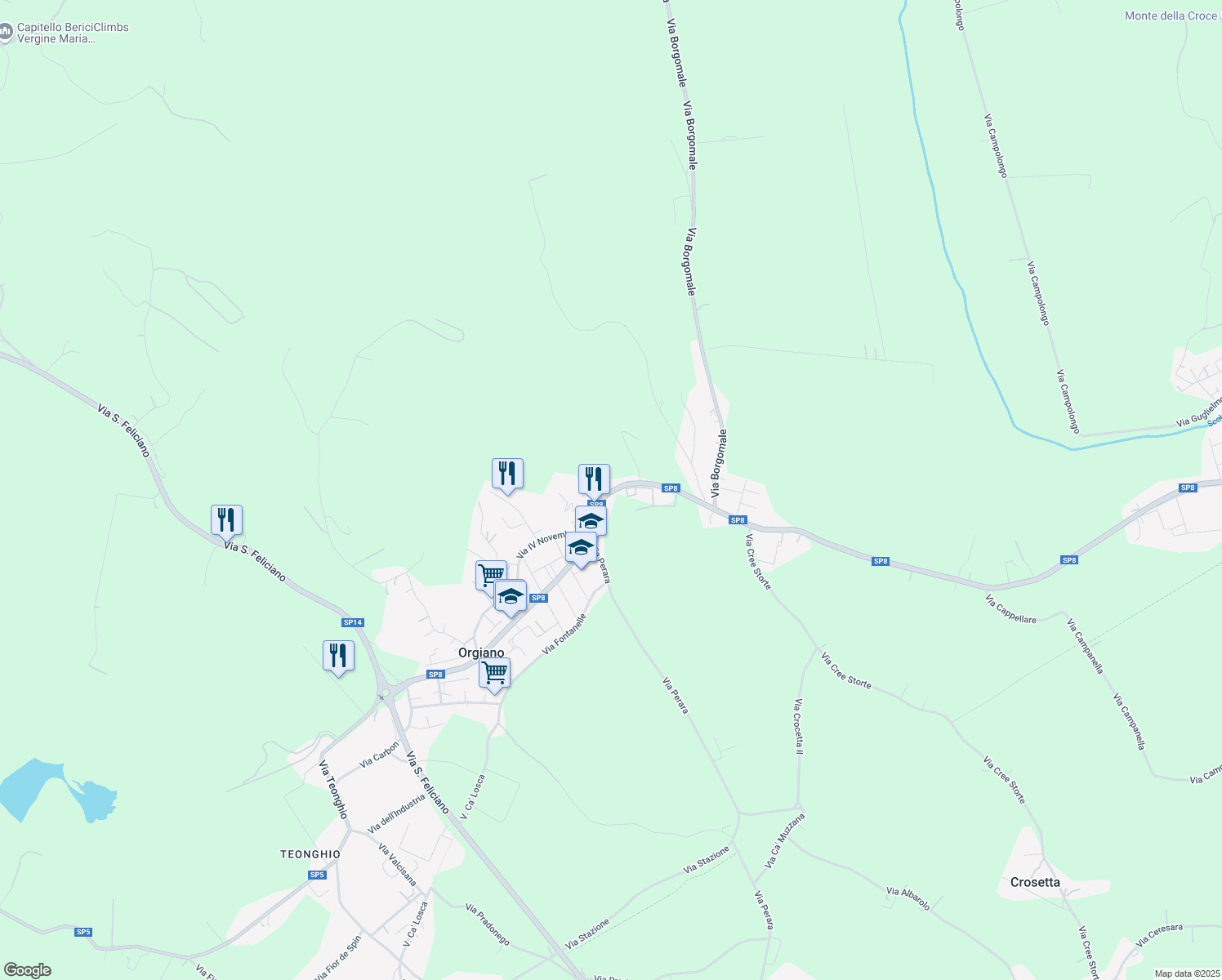 map of restaurants, bars, coffee shops, grocery stores, and more near 24 SP8 in Orgiano