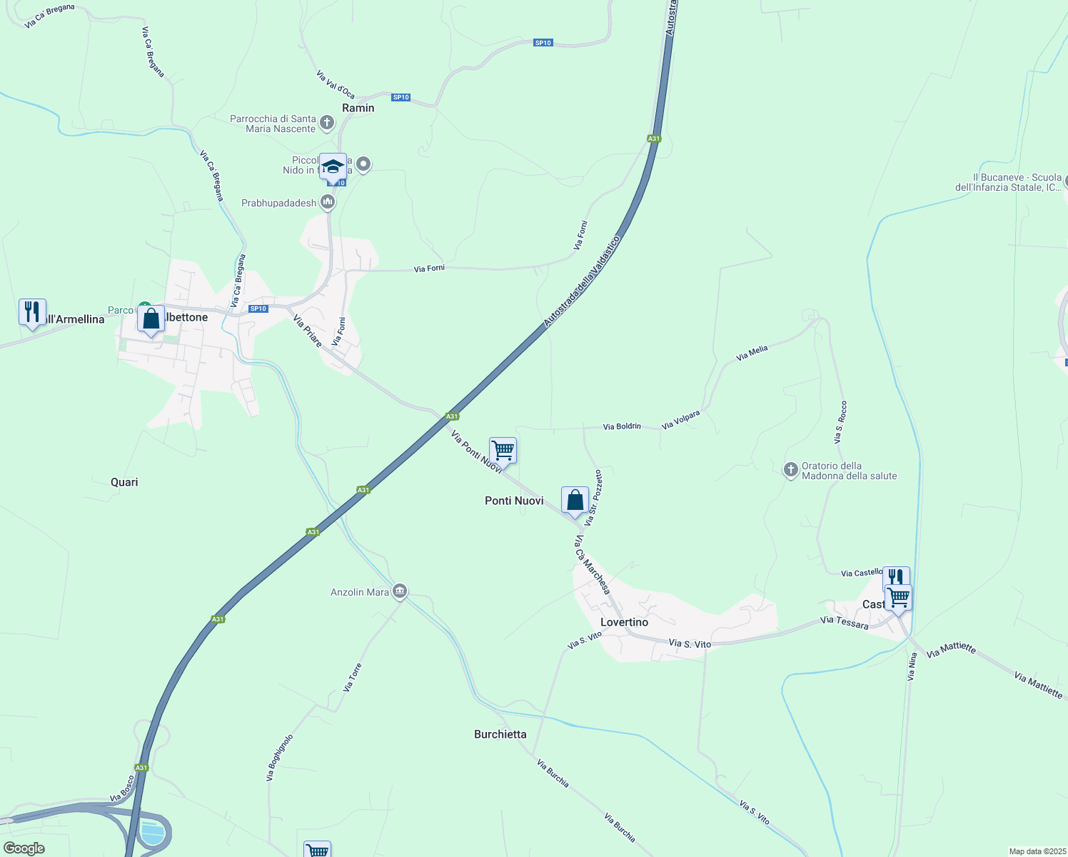 map of restaurants, bars, coffee shops, grocery stores, and more near 17 Via Strada Pozzetto in Provincia di Vicenza