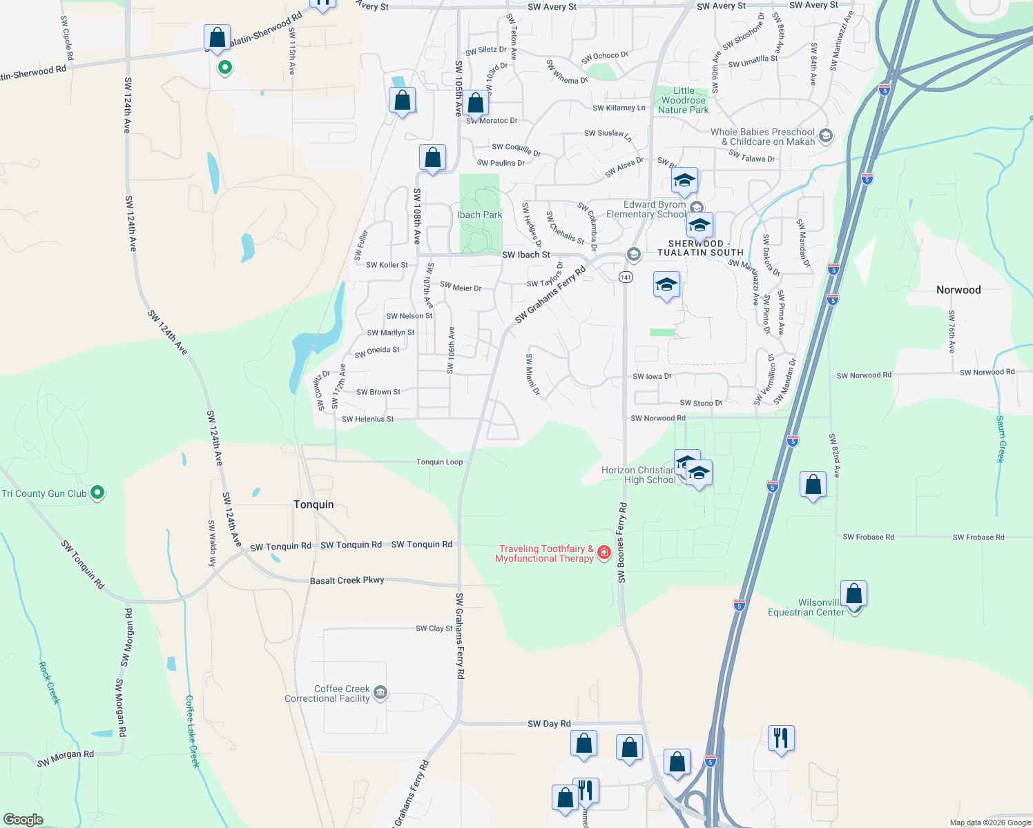 map of restaurants, bars, coffee shops, grocery stores, and more near 22974 SW Lodgepole Ave in Tualatin